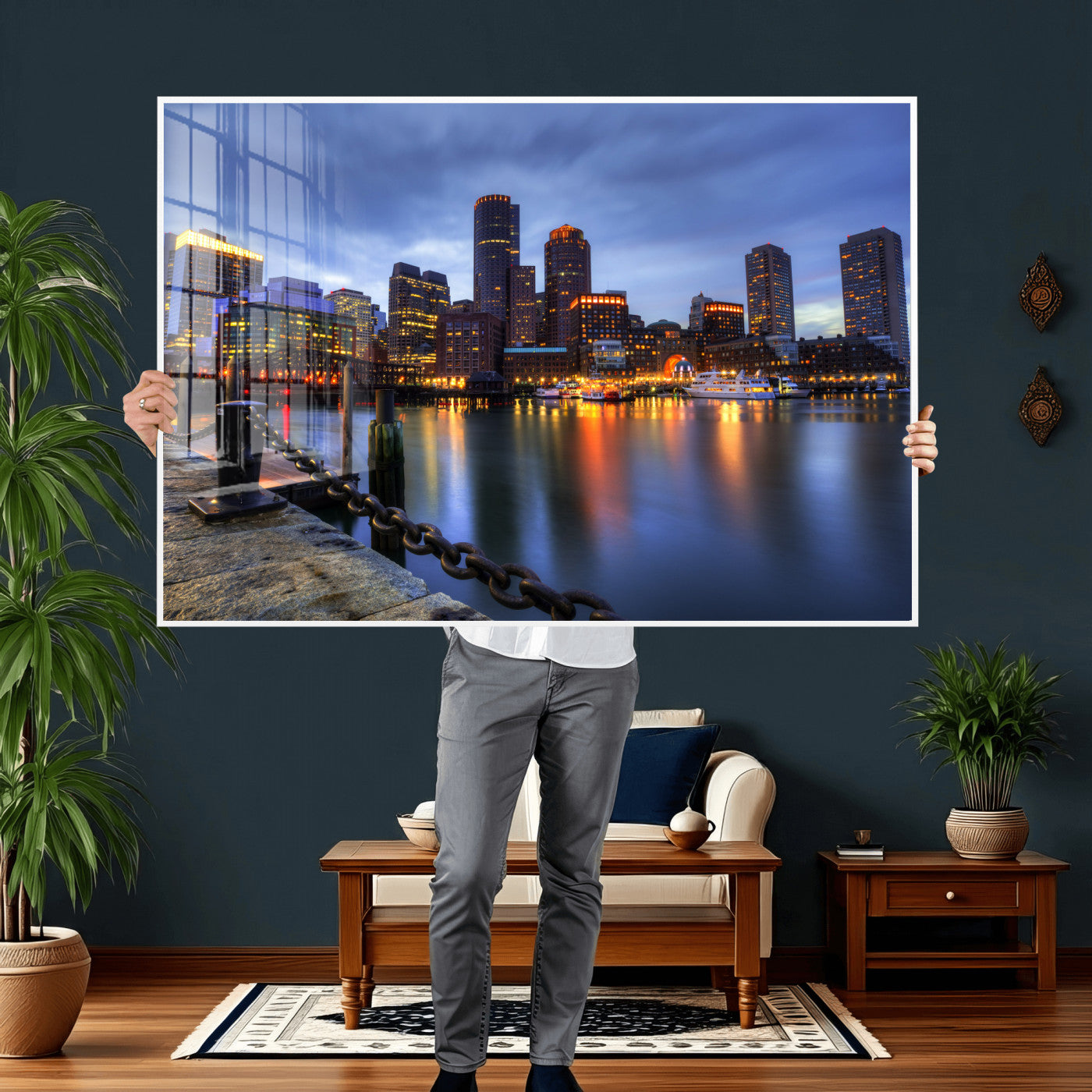 82439622-MGV-CV-36X24 - Boston Wall Art Canvas Print, Boston City Downtown Night Cityscape Print for Modern Urban Wall Decor