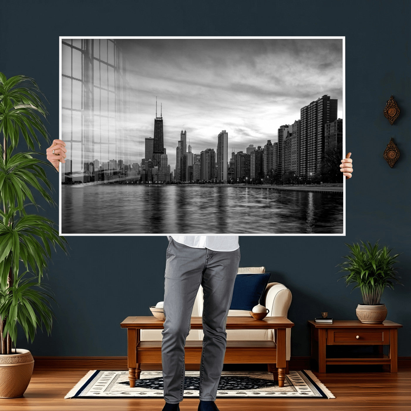 74552581-MGV-CV-36X24 - Chicago Wall Art Canvas Print, Chicago City Downtown Night Cityscape Print for Modern Urban Wall Decor