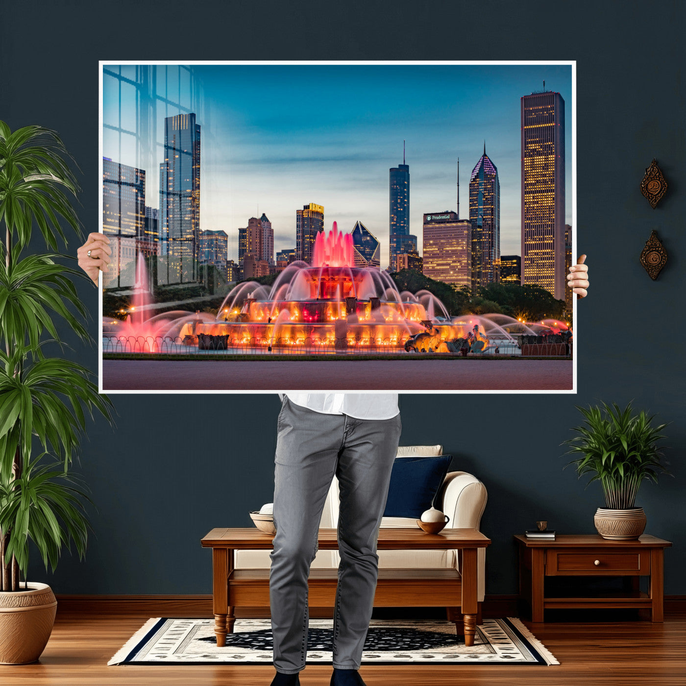 46805285-MGV-CV-36X24 - Chicago Wall Art Canvas Print, Chicago City Downtown Night Cityscape Print for Modern Urban Wall Decor