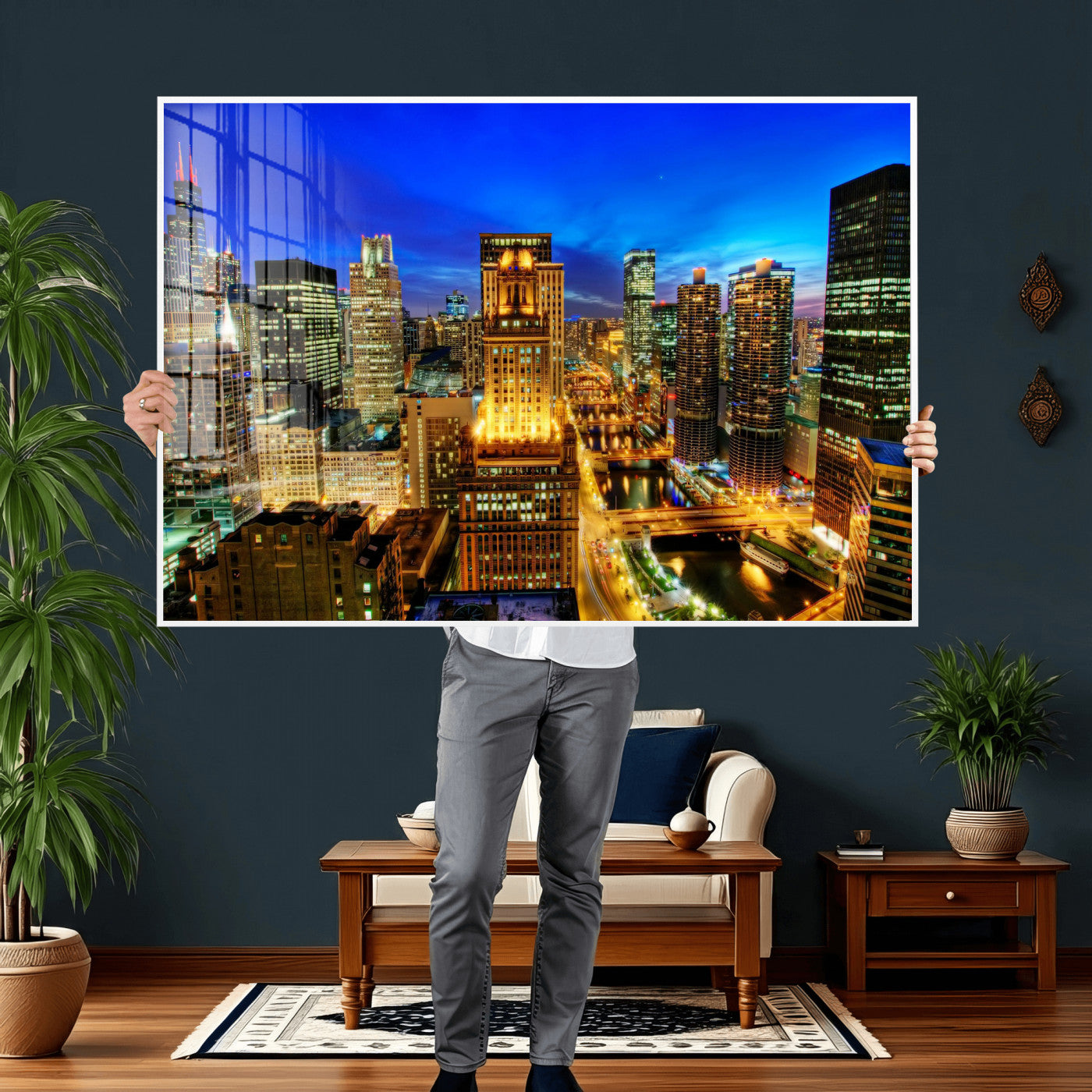 46298885-MGV-CV-36X24 - Chicago Wall Art Canvas Print, Chicago City Downtown Night Cityscape Print for Modern Urban Wall Decor