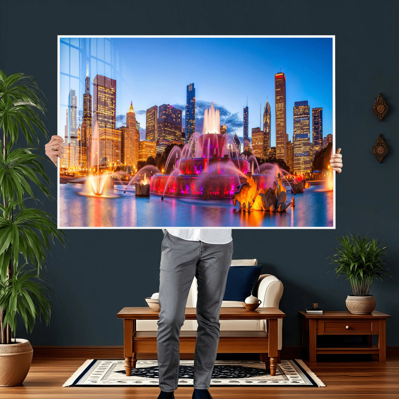 20251989-MGV-CV-36X24 - Chicago Wall Art Canvas Print, Chicago City Downtown Night Cityscape Print for Modern Urban Wall Decor