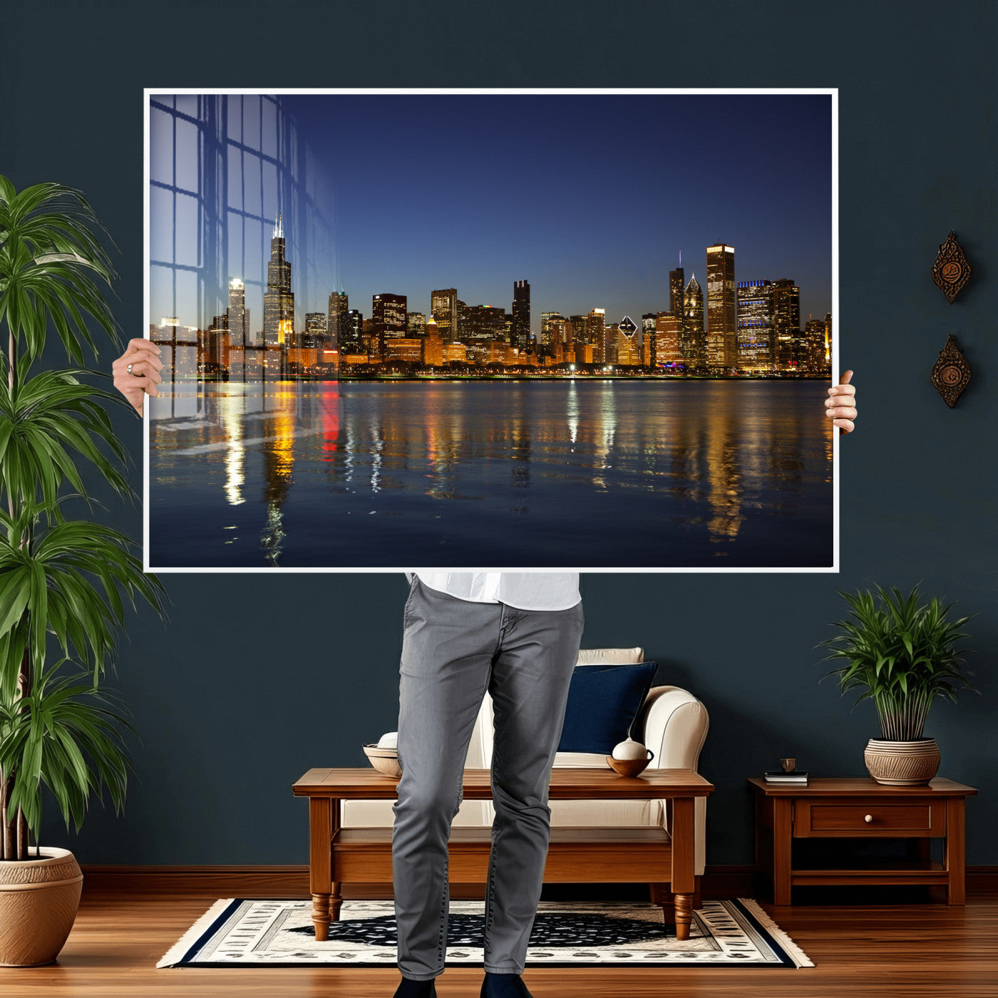 67308035-MGV-CV-36X24 - Chicago Wall Art Canvas Print, Chicago City Downtown Night Cityscape Print for Modern Urban Wall Decor