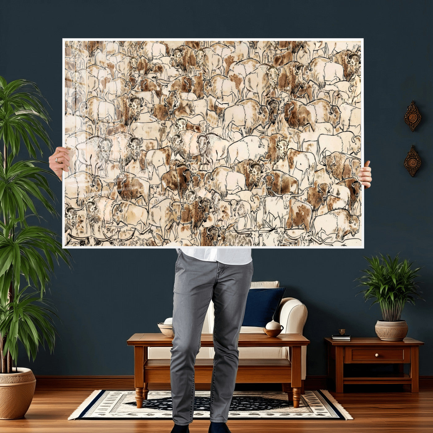 50142019-MGV-CV-36X24 - Farmhouse Animals Wall Art Canvas Print - Abstract Farm Animal Drawing Mid-Century Wall Art for Cabin Decor