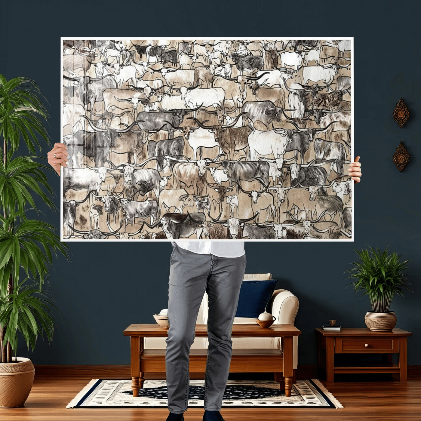 64368752-MGV-CV-36X24 - Farmhouse Animals Wall Art Canvas Print - Abstract Farm Animal Drawing Mid-Century Wall Art for Cabin Decor