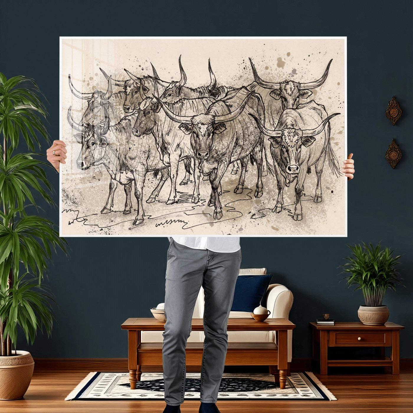 74232558-MGV-CV-36X24 - Farmhouse Animals Wall Art Canvas Print - Abstract Farm Animal Drawing Mid-Century Wall Art for Cabin Decor