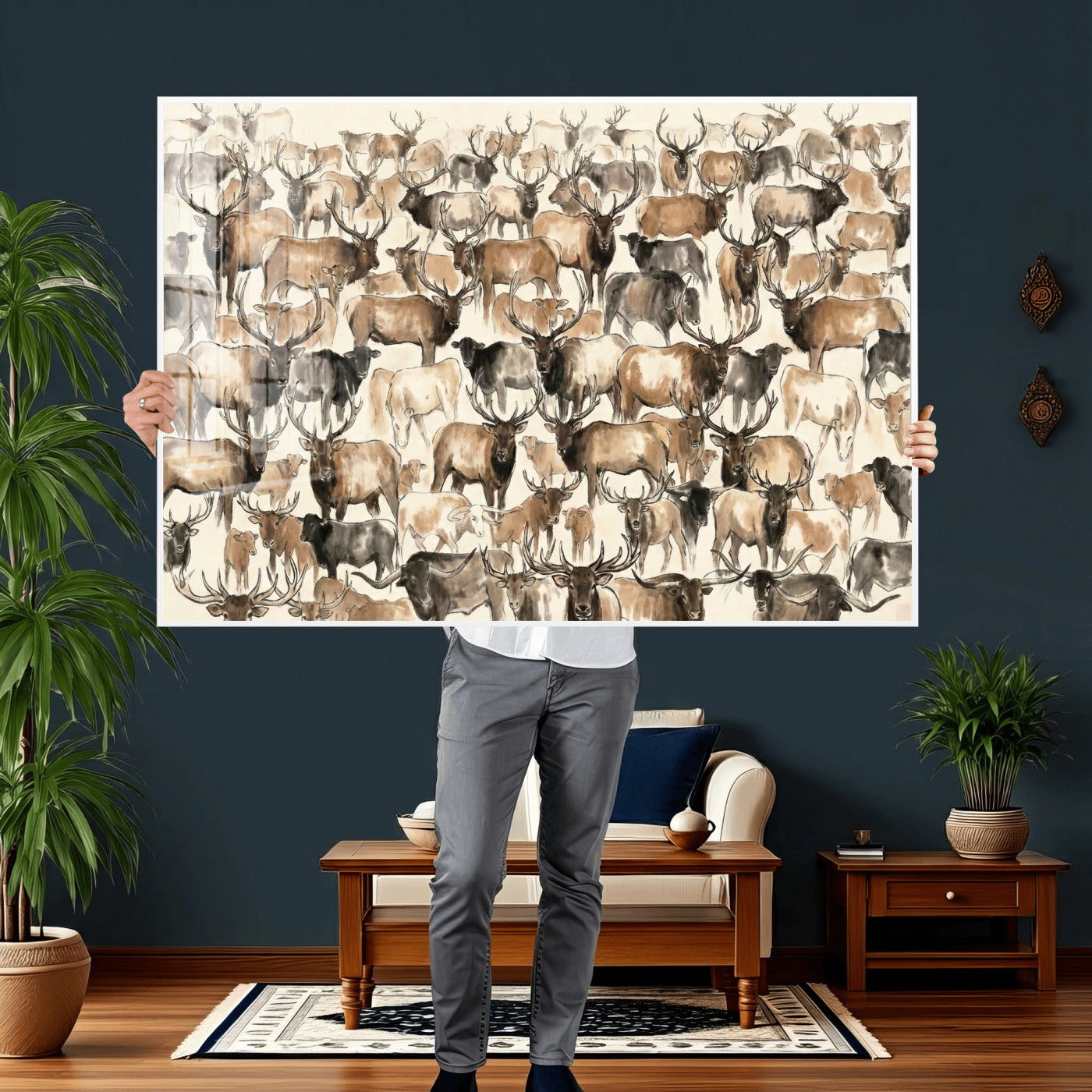 24374881-MGV-CV-36X24 - Farmhouse Animals Wall Art Canvas Print - Abstract Farm Animal Drawing Mid-Century Wall Art for Cabin Decor