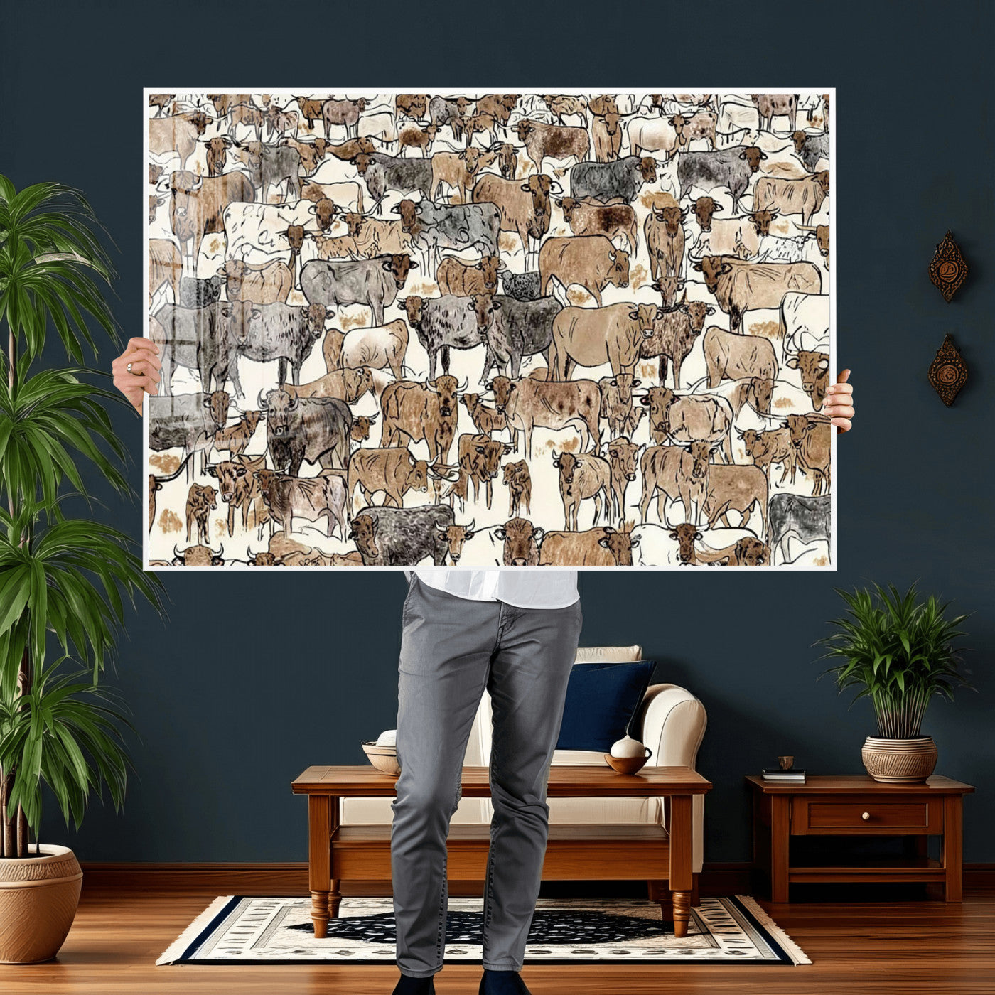 76902119-MGV-CV-36X24 - Farmhouse Animals Wall Art Canvas Print - Abstract Farm Animal Drawing Mid-Century Wall Art for Cabin Decor