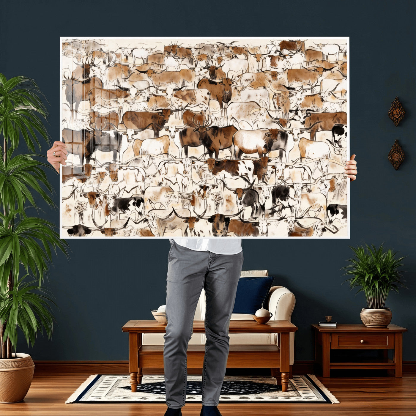 81416572-MGV-CV-36X24 - Farmhouse Animals Wall Art Canvas Print - Abstract Farm Animal Drawing Mid-Century Wall Art for Cabin Decor