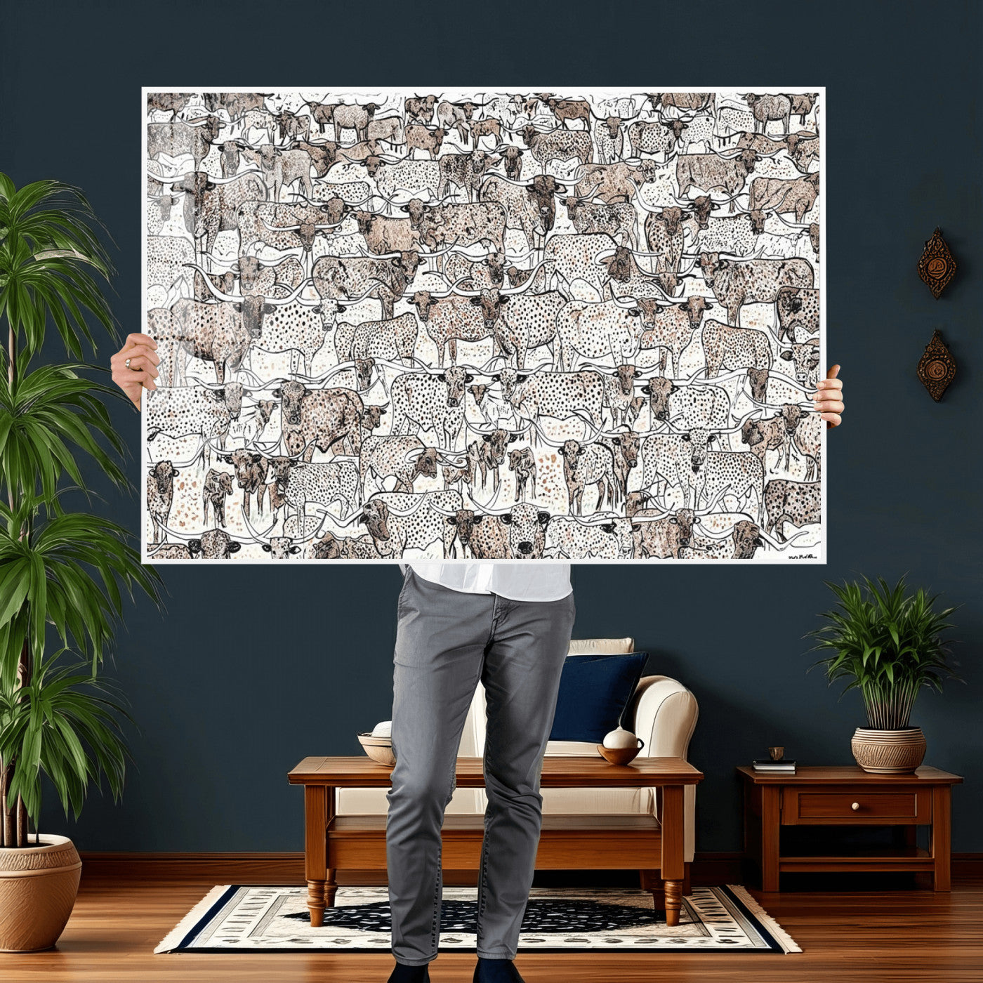 49200255-MGV-CV-36X24 - Farmhouse Animals Wall Art Canvas Print - Abstract Farm Animal Drawing Mid-Century Wall Art for Cabin Decor