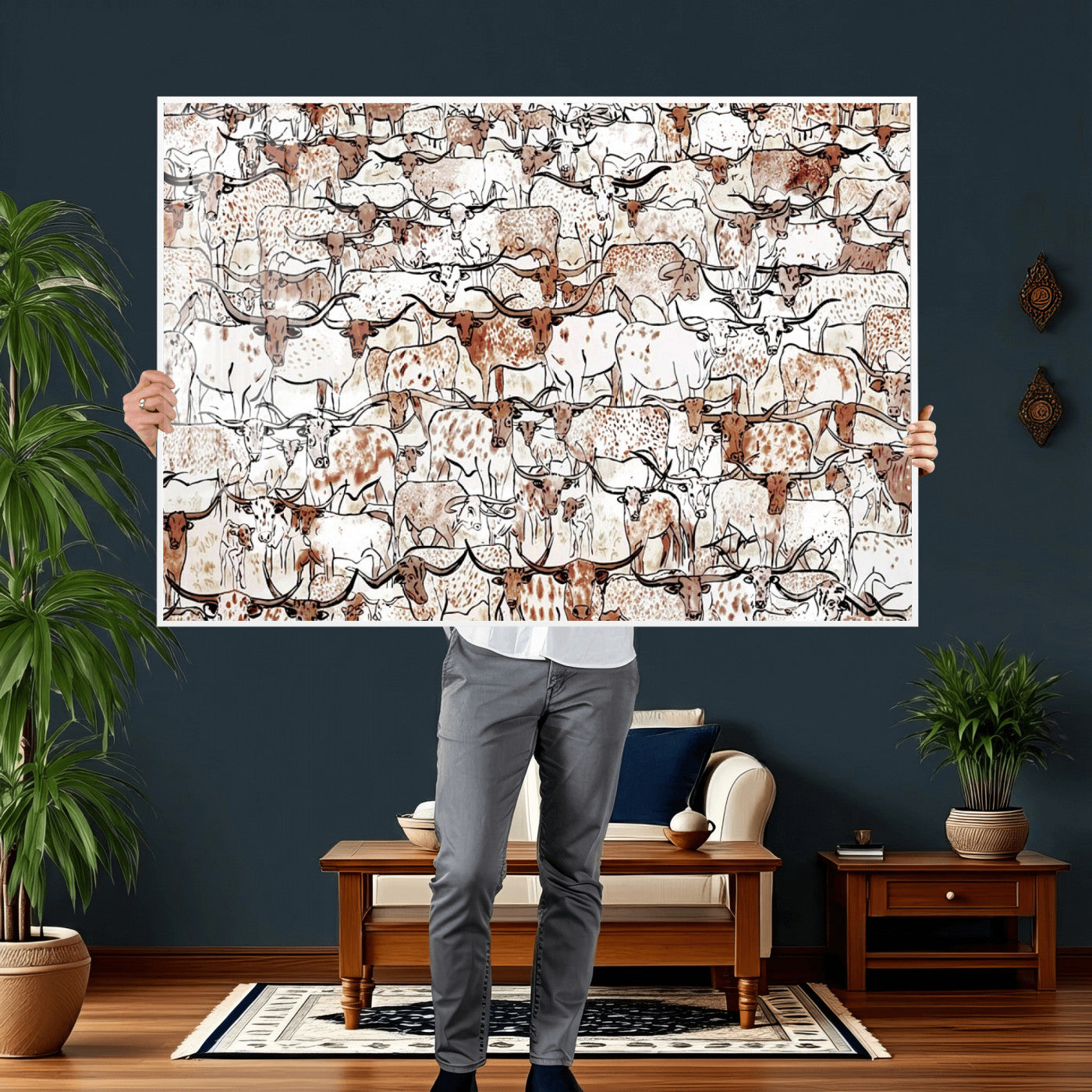 71869761-MGV-CV-36X24 - Farmhouse Animals Wall Art Canvas Print - Abstract Farm Animal Drawing Mid-Century Wall Art for Cabin Decor