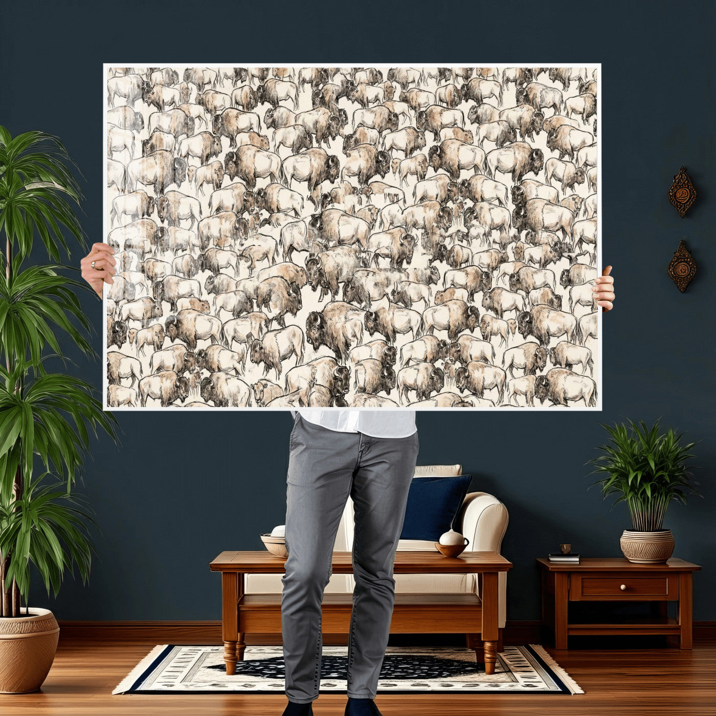 77502929-MGV-CV-36X24 - Farmhouse Animals Wall Art Canvas Print - Abstract Farm Animal Drawing Mid-Century Wall Art for Cabin Decor