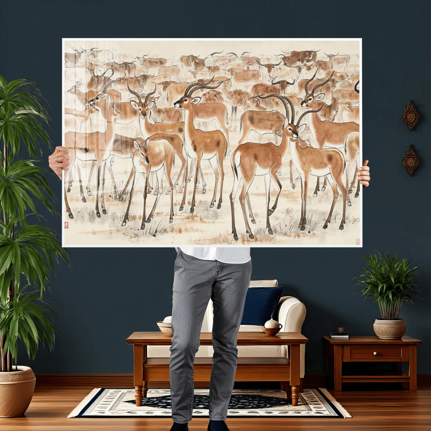 67375088-MGV-CV-36X24 - Farmhouse Animals Wall Art Canvas Print - Abstract Farm Animal Drawing Mid-Century Wall Art for Cabin Decor