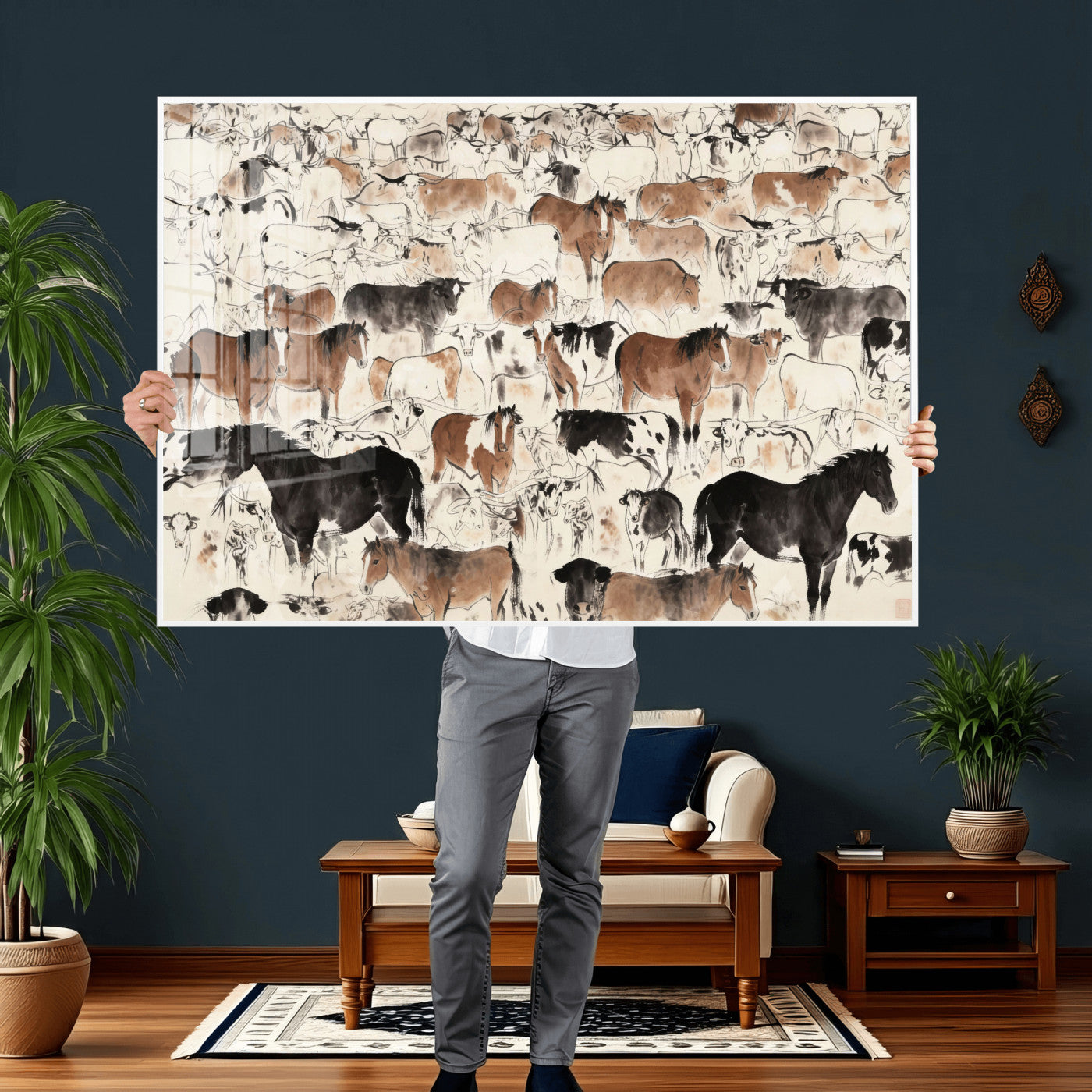 74171578-MGV-CV-36X24 - Farmhouse Animals Wall Art Canvas Print - Abstract Farm Animal Drawing Mid-Century Wall Art for Cabin Decor