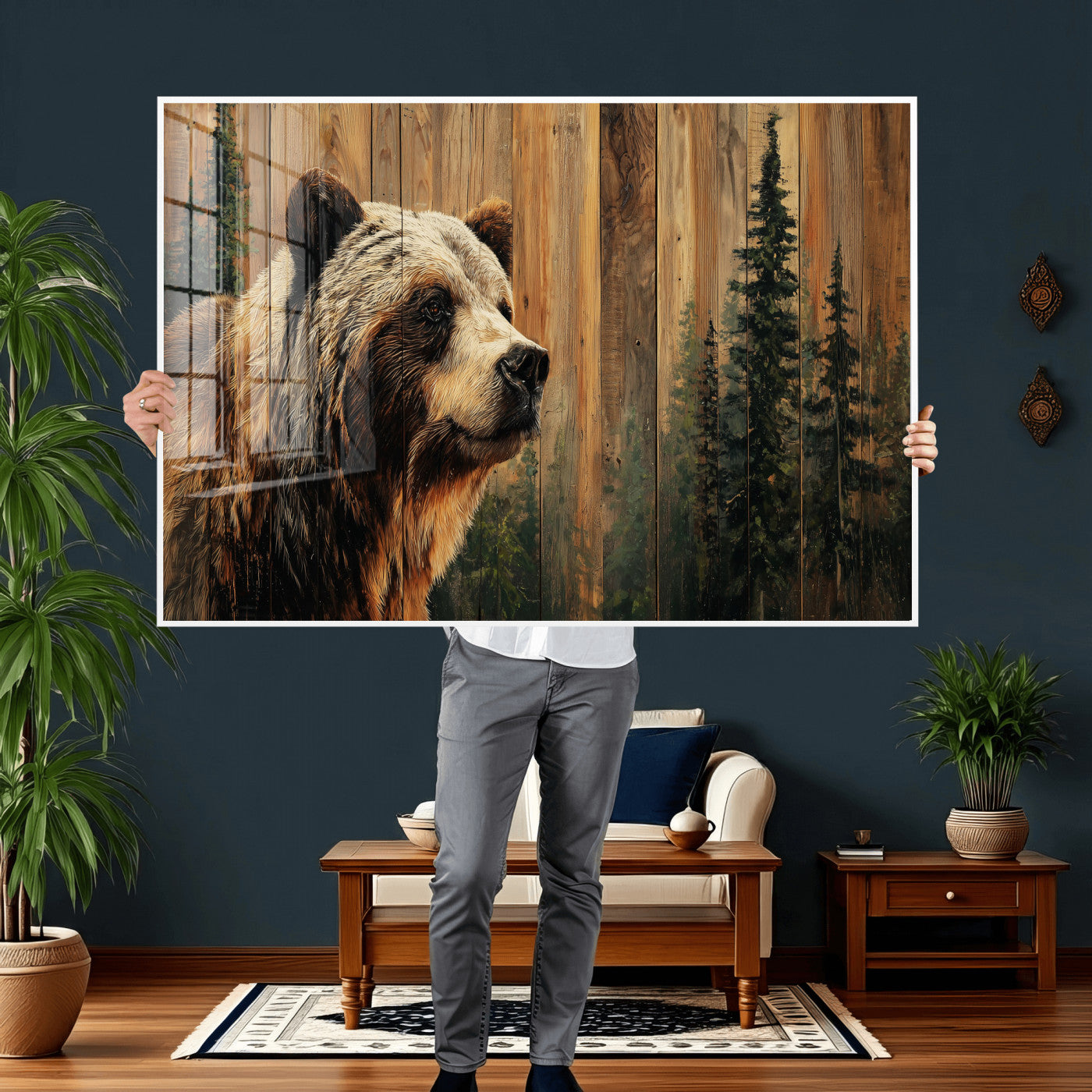 75645180-MGV-CV-36X24 - Grizzly Bear Wall Art Canvas Print, Rustic Wildlife Bear Artwork, Forest Animal Painting, Cabin Lodge Nature Wall Decor