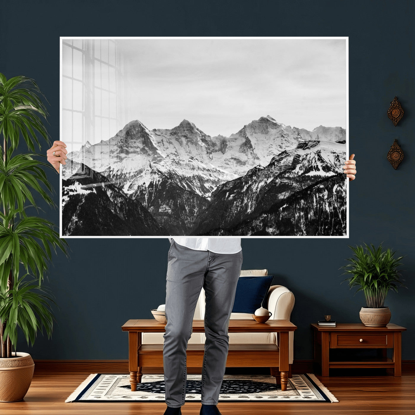 85684934-MGV-CV-36X24 - Black and White Mountain Wall Art Canvas Print, Snowy Alpine Peaks Landscape Photography, Minimal Monochrome Mountain Art, Scenic Nature Wall Decor