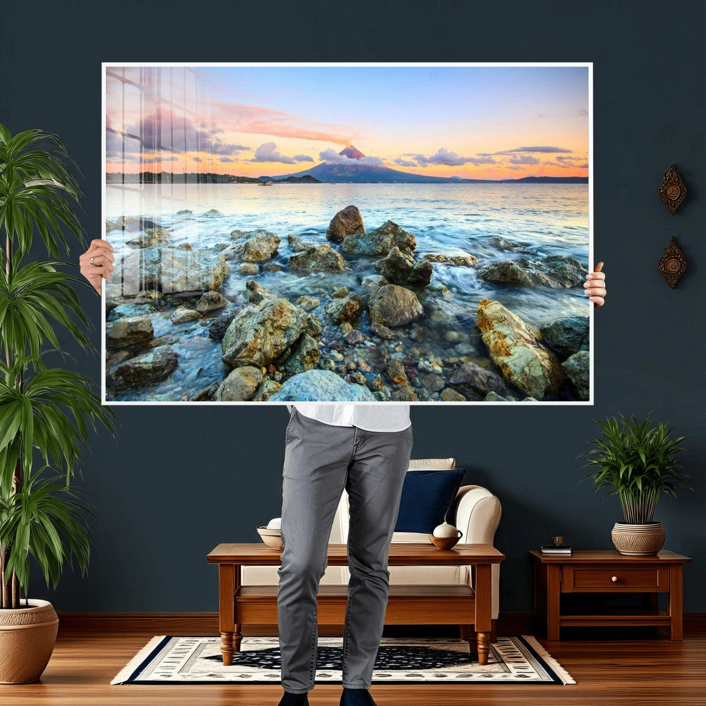46869511-MGV-CV-36X24 - Mayon Volcano Seascape Landscape Wall Art Canvas Print, Tropical Ocean Shore Mountain Canvas Print, Philippines Coastal Scenic Art Printing
