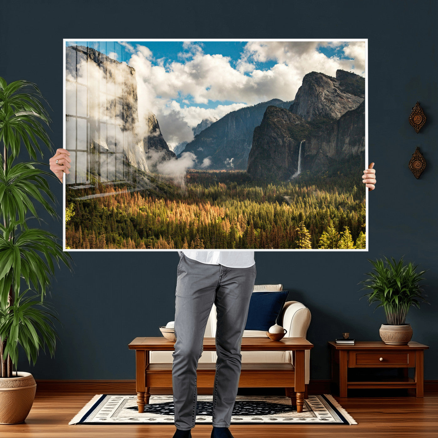 18271001-MGV-CV-36X24 - Yosemite Valley River Landscape Wall Art Canvas Print, Granite Cliffs Forest River Canvas Print, California National Park Moody Scenic Art Printi