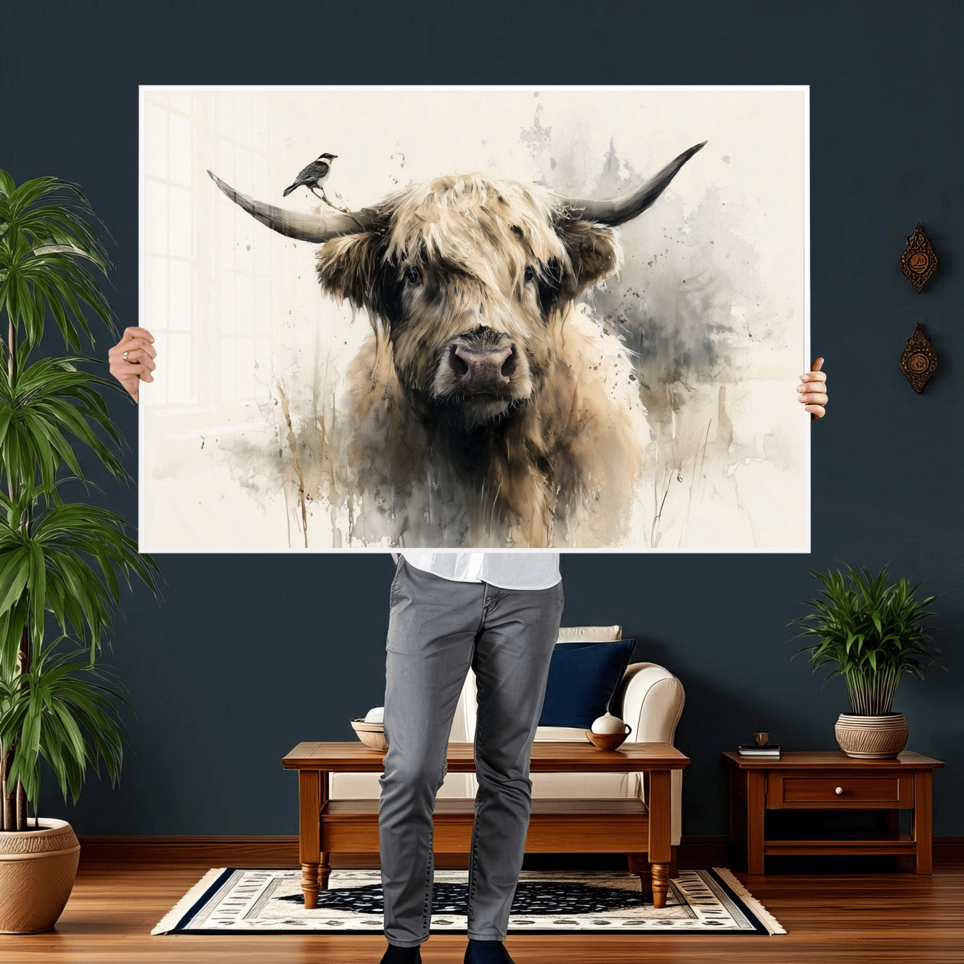 98249290-MGV-CV-36X24 - Abstract Highland Cow Watercolor Animal Wall Art Canvas Print, Rustic Farm Cattle Portrait Canvas Print, Neutral Wildlife Farmhouse Art Printing