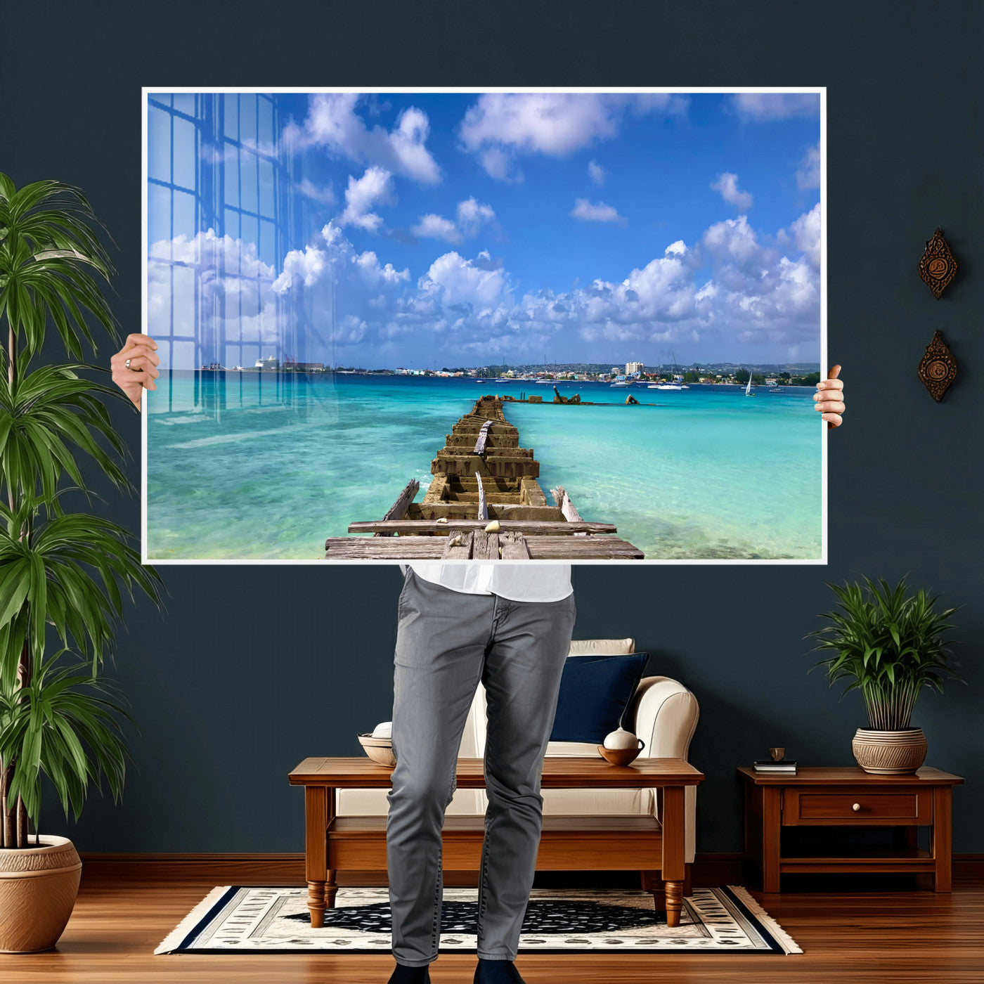 43165024-MGV-CV-36X24 - Caribbean Ocean Pier Seascape Wall Art Canvas Print, Turquoise Sea Tropical Harbor Canvas Print, Island Coastal Blue Water Scenic Art Printing