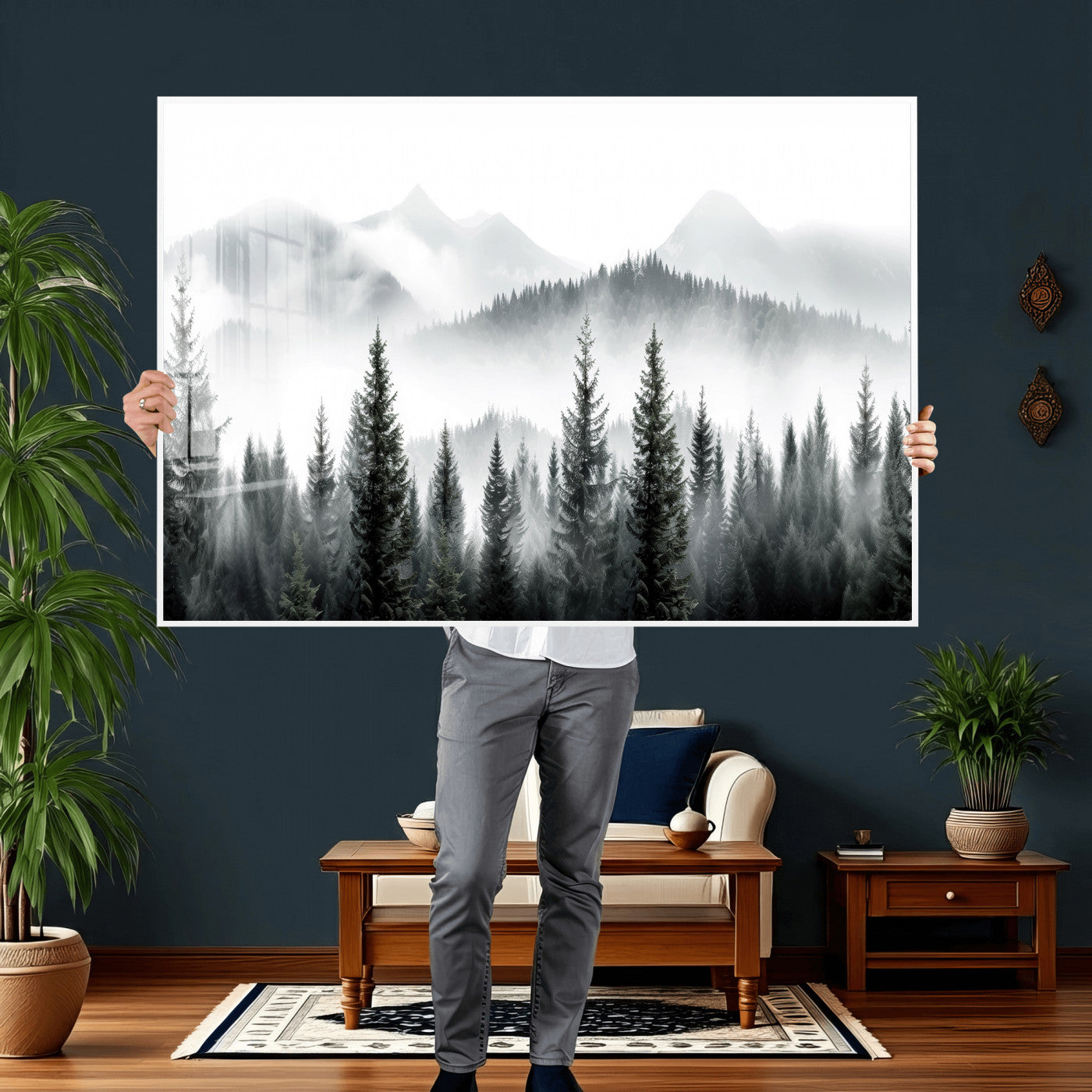 38819032-MGV-CV-36X24 - Misty Pine Forest Mountain Landscape Wall Art Canvas Print, Foggy Evergreen Trees Minimal Nature Canvas Print, Monochrome Wilderness Scenic Art Printing