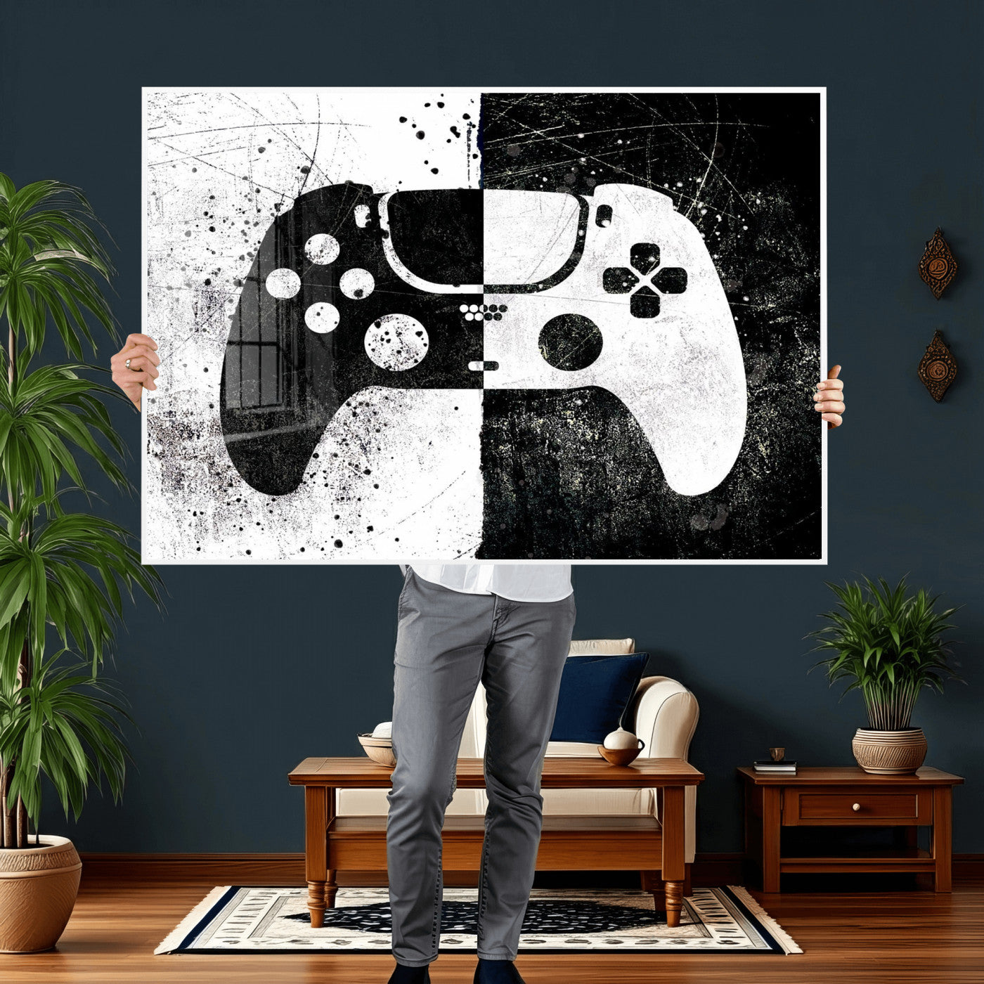 17525128-MGV-CV-36X24 - Abstract Gaming Controller Wall Art Canvas Print, Black White Video Game Controller Modern Canvas Print, Minimal Gamer Graphic Art Printing