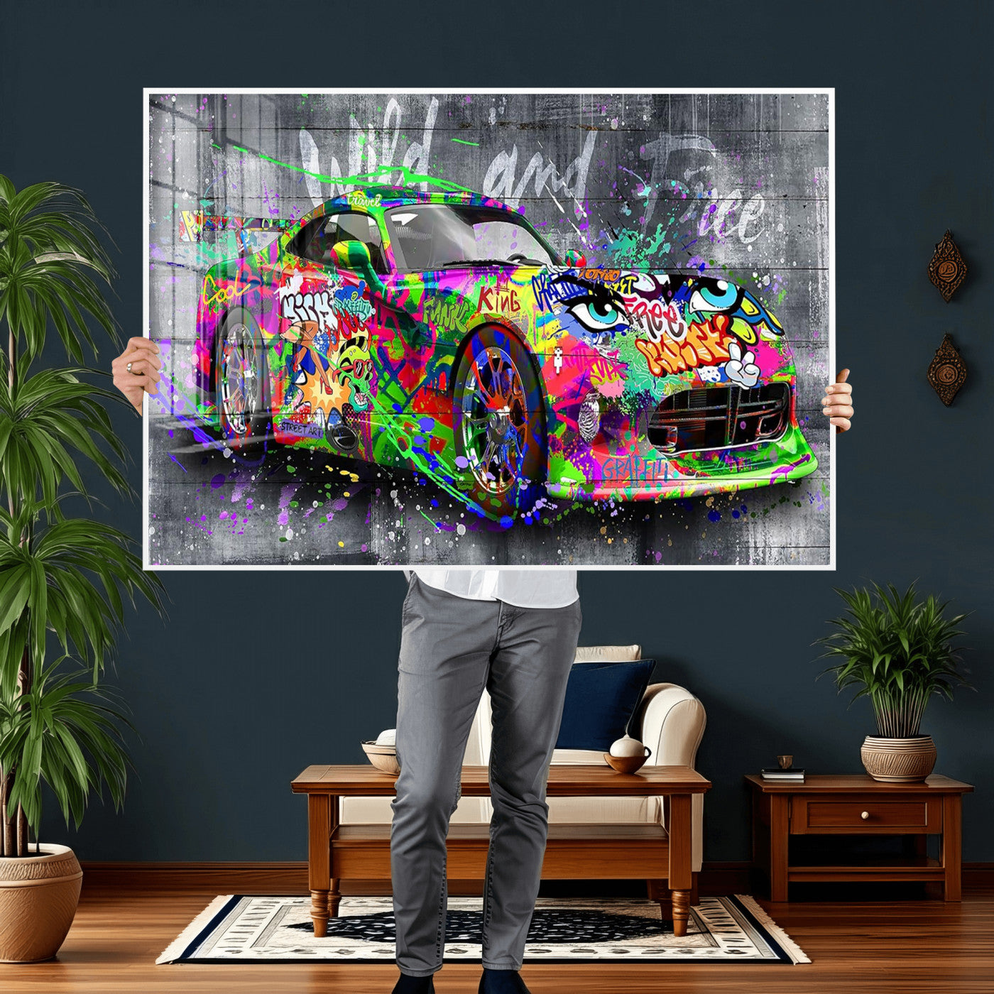 95314968-MGV-CV-36X24 - Graffiti Sports Car Street Art Wall Art Canvas Print, Colorful Urban Supercar Pop Art Canvas Print, Modern Graffiti Car Contemporary Art Printing