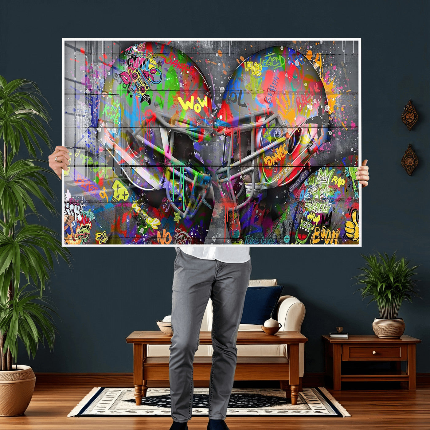 15309853-MGV-CV-36X24 - Graffiti Football Helmets Wall Art Canvas Print, Urban Street Art Sports Decor, Colorful American Football Graffiti Artwork