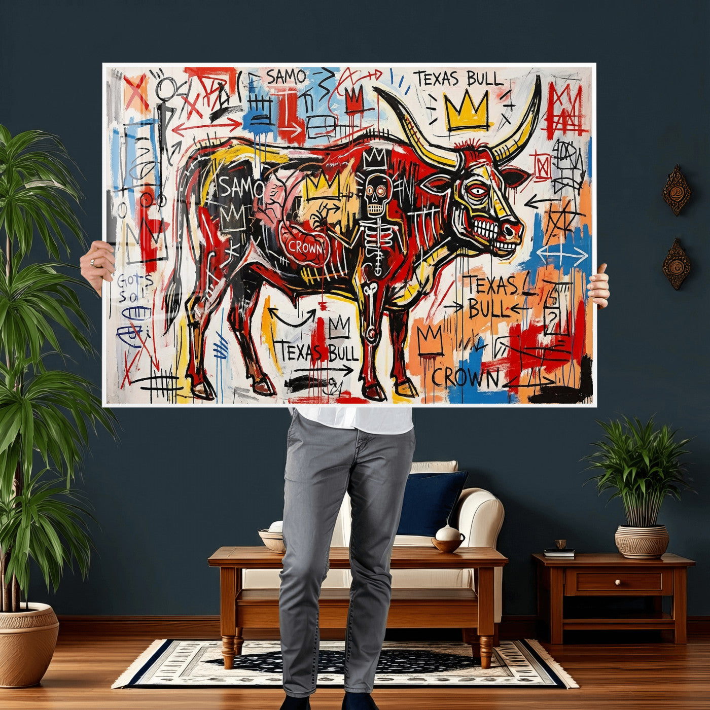 89504579-MGV-CV-36X24 - TITLE: Texas Bull Wall Art Canvas Print, Abstract Graffiti Bull Painting, Western Animal Art, Modern Ranch Decor