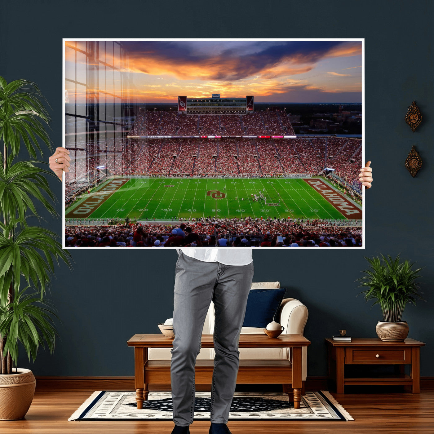 51457497-MGV-CV-36X24 - Oklahoma Sooners Stadium Wall Art Canvas Print, College Football Sunset Game Scene, OU Football Field Panorama Wall Decor