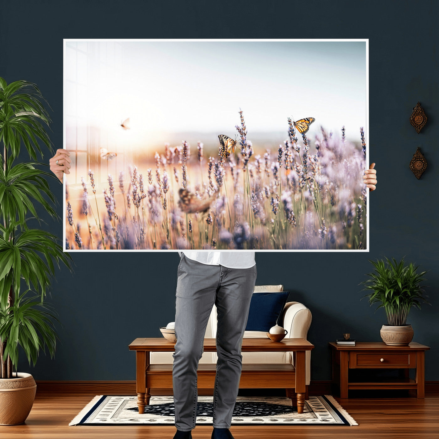 46417478-MGV-CV-36X24 - Lavender Field Wall Art Canvas Print, Butterfly Floral Landscape Art, Soft Nature Wall Decor for Bedroom