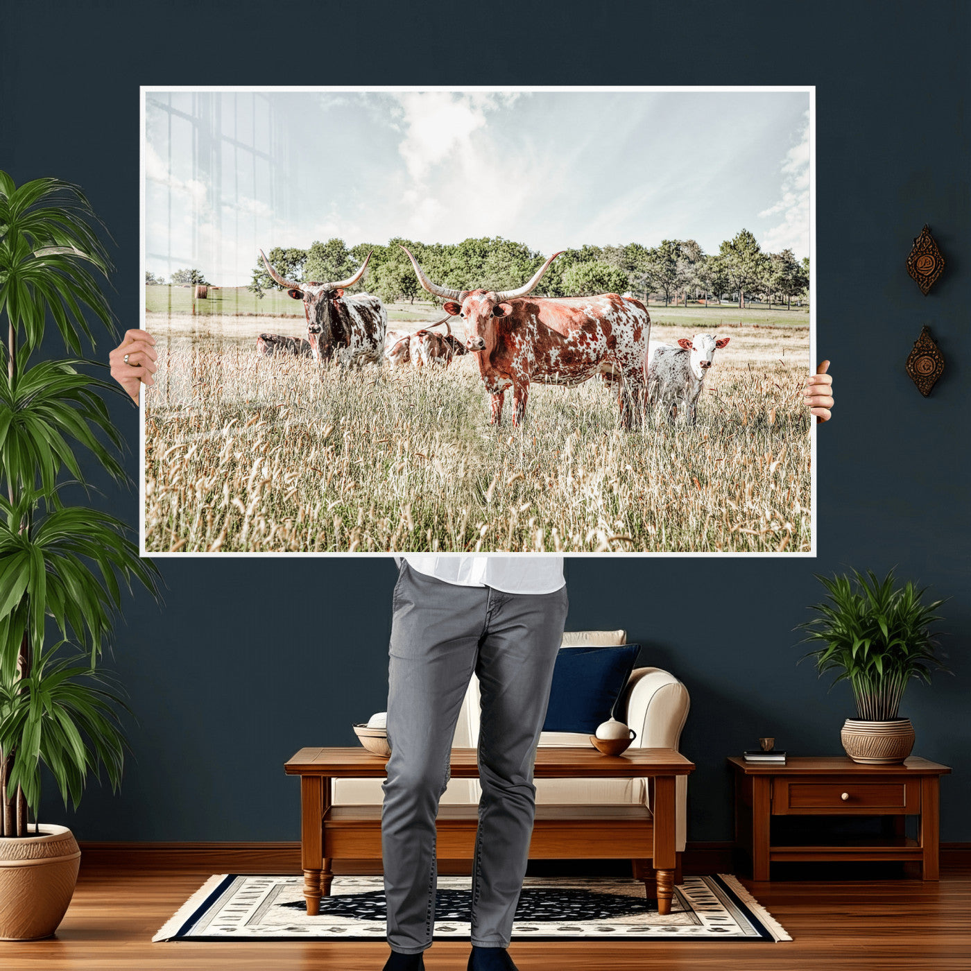 33963645-MGV-CV-36X24 - Texas Longhorn Cattle Wall Art Canvas Print, Western Ranch Landscape Nature Wall Decor for Living Room and Office