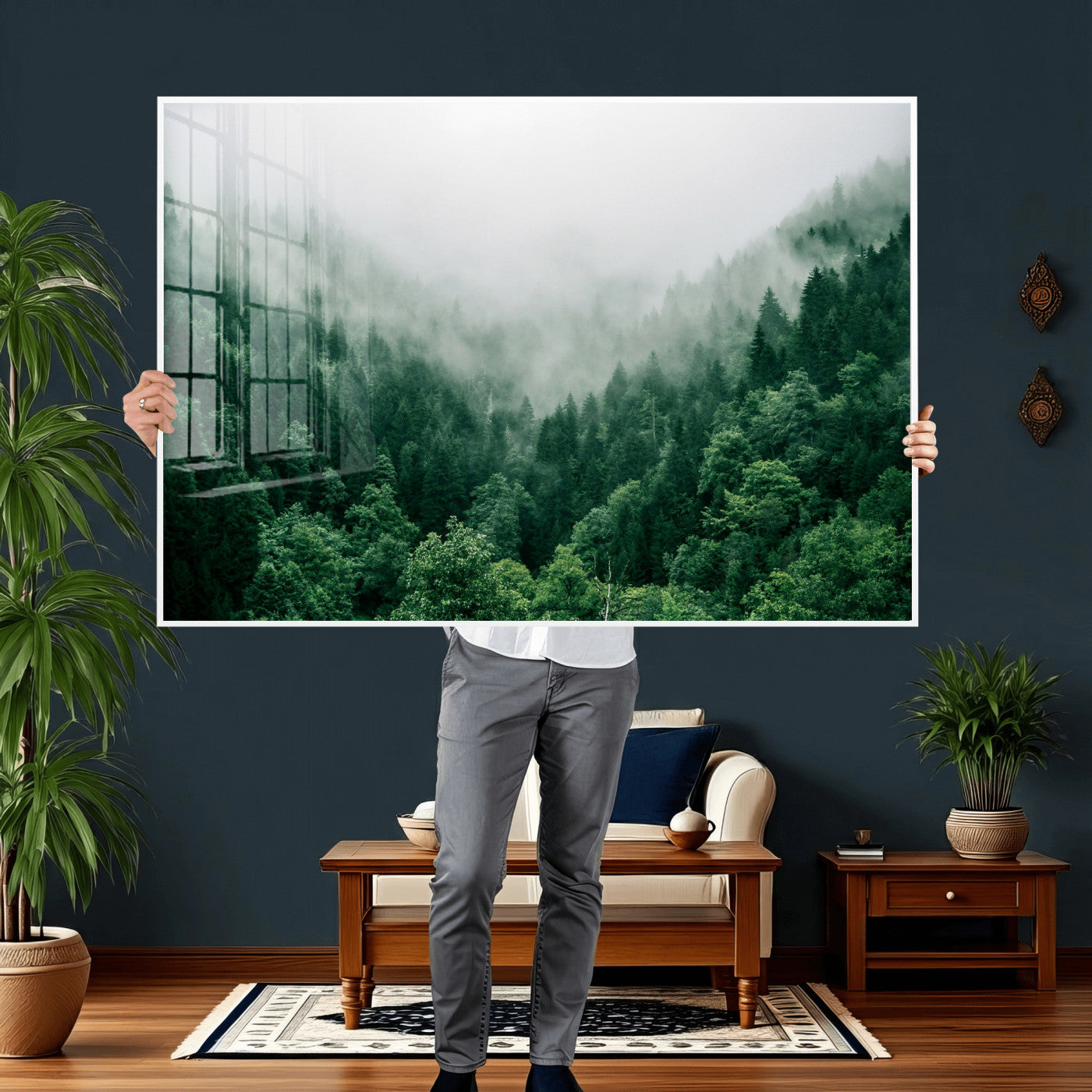 61640815-MGV-CV-36X24 - Misty Pine Forest Wall Art Canvas Print, Foggy Evergreen Landscape Wall Decor, Moody Green Nature Artwork, Minimal Forest Canvas Wall Art, Framed Canvas Wall Art Ready to Hang