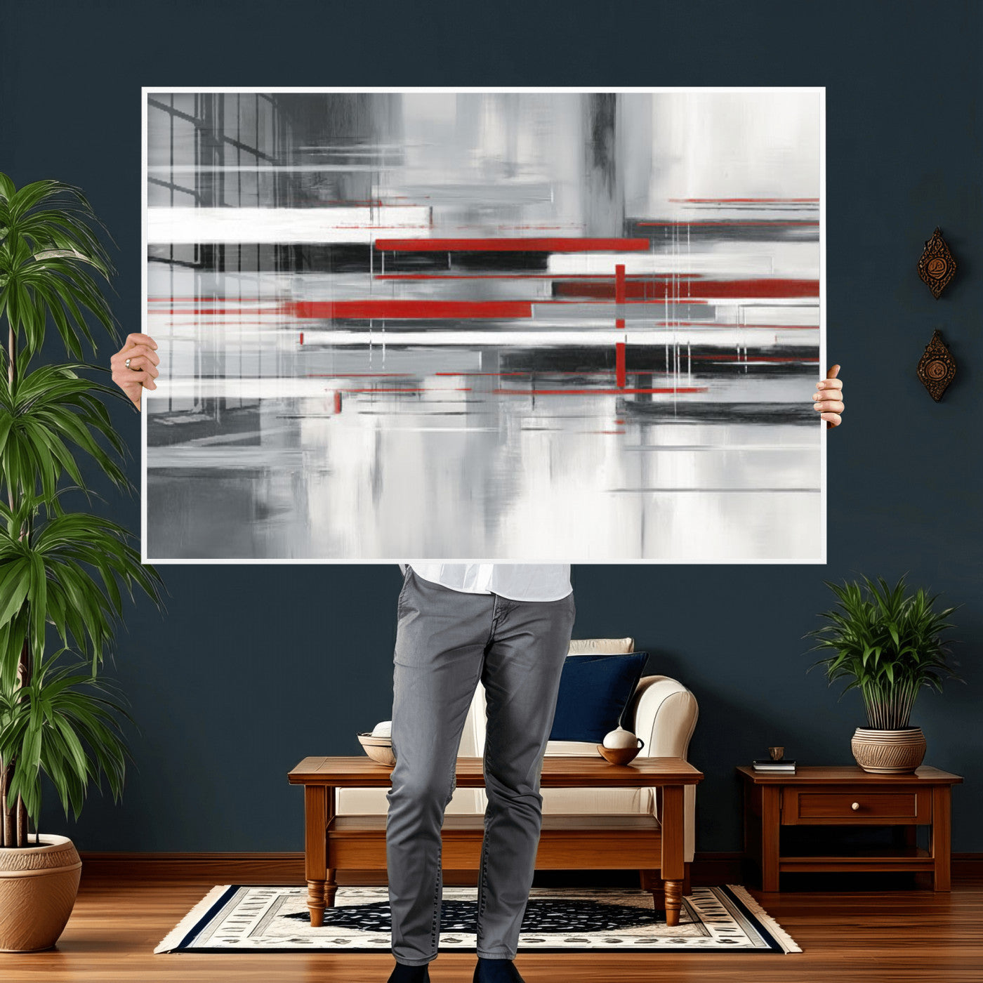 62640681-MGV-CV-36X24 - Gray Red Abstract Wall Art Canvas Print, Modern Abstract Canvas Wall Decor for Contemporary Living Room and Office