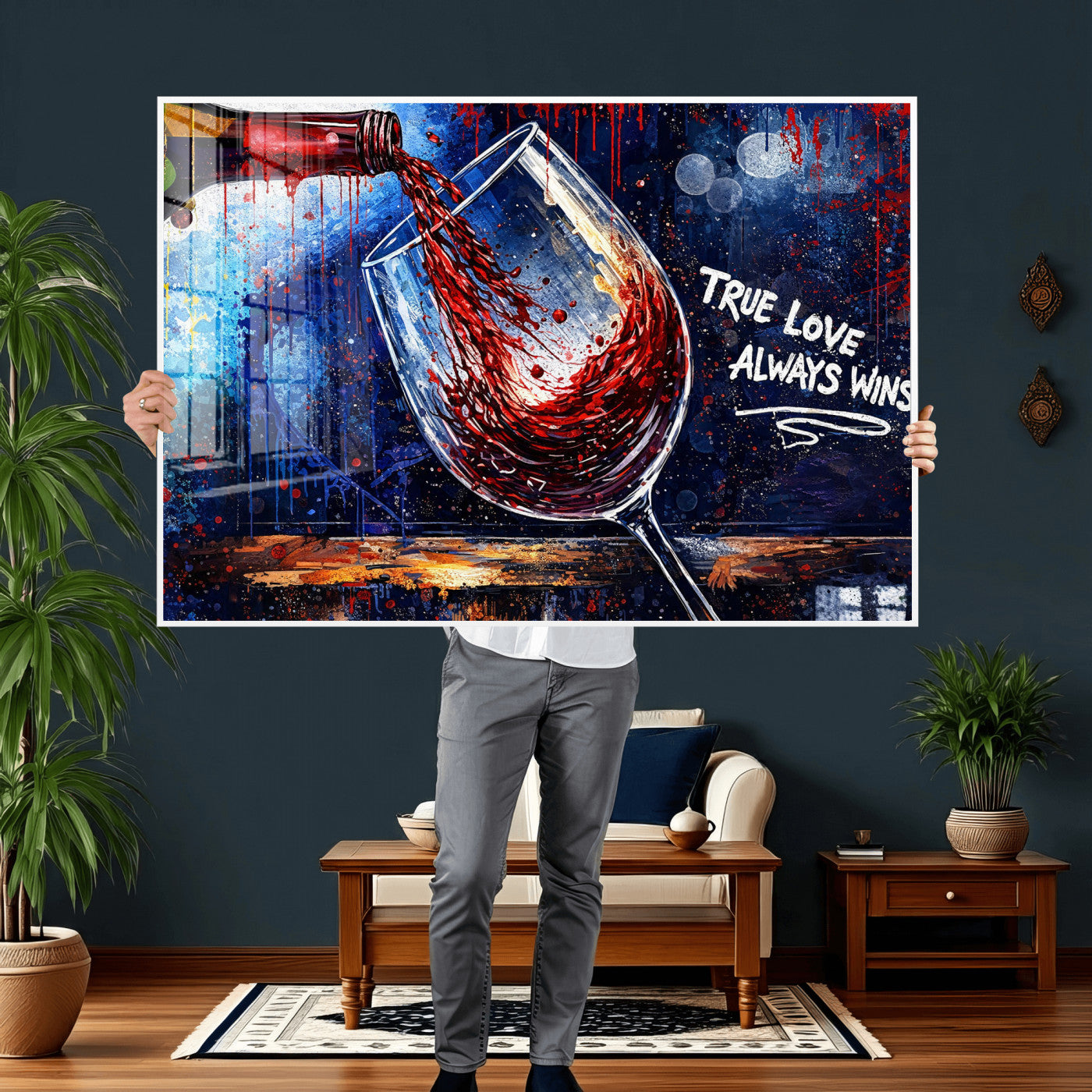 88788932-MGV-CV-36X24 - Red Wine Splash Abstract Wall Art Canvas Print, Modern Wine Glass Painting Canvas Print, Romantic Quote Contemporary Bar Art Print