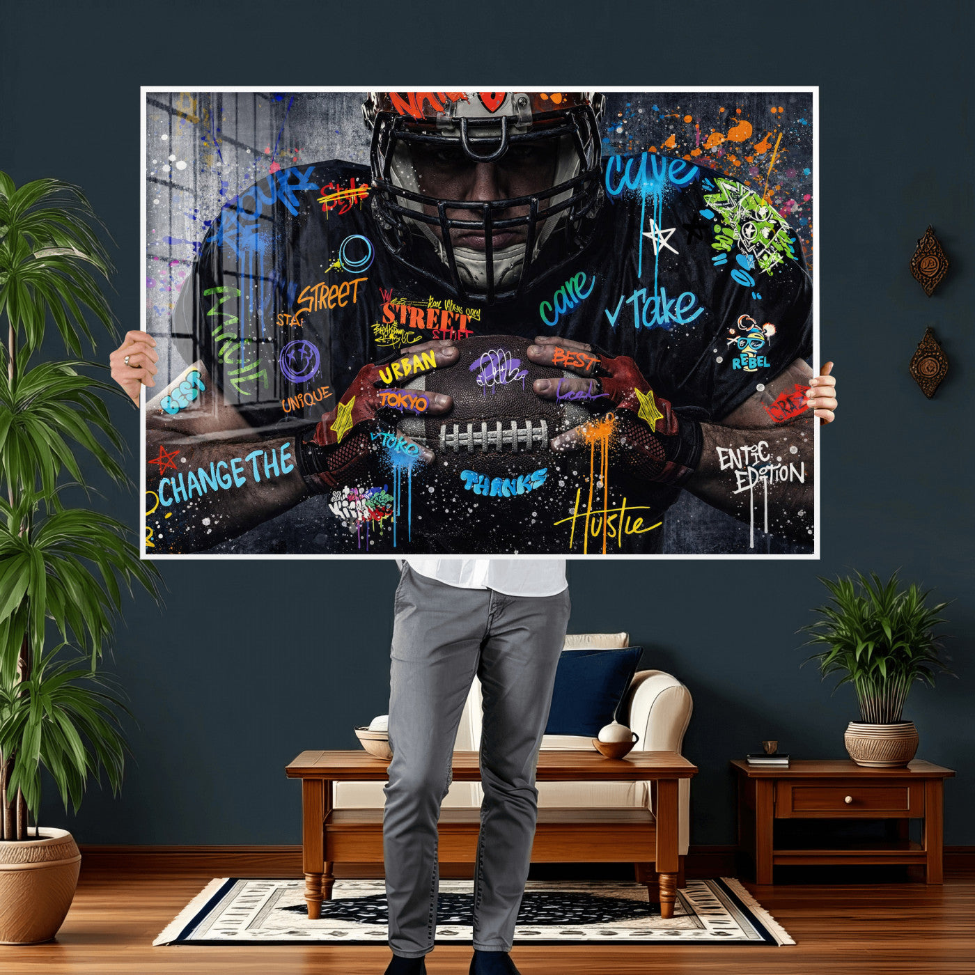 55267256-MGV-CV-36X24 - Graffiti American Football Player Street Art Wall Art Canvas Print, Urban Sports Pop Art Football Canvas Print, Modern Athletic Graffiti Contemporary Art Printing