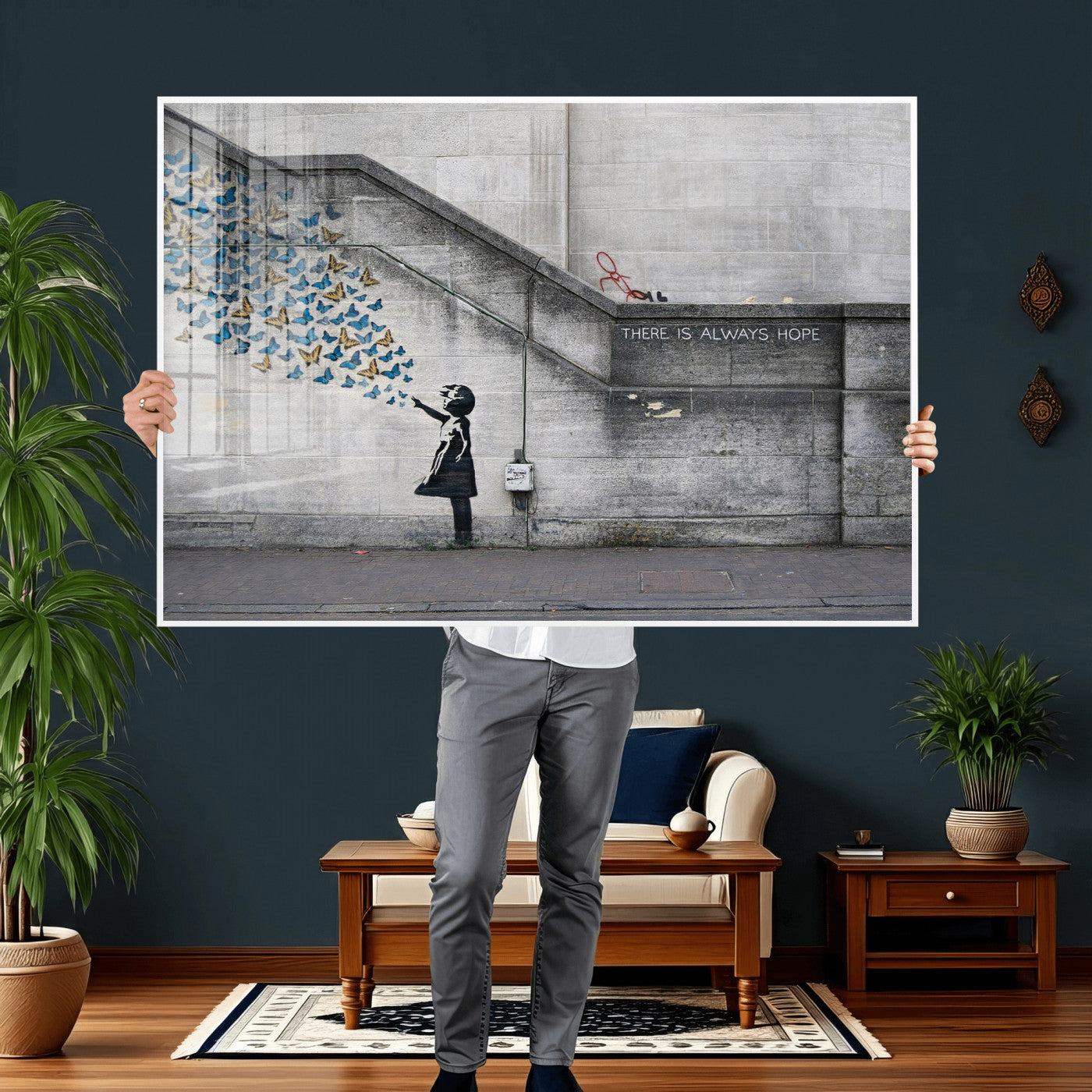 15274223-MGV-CV-36X24 - Banksy Girl with Butterflies Street Art Wall Art Canvas Print, Hope Graffiti Urban Art Canvas Print, Minimalist Inspirational Street Art Contemporary Art Printing
