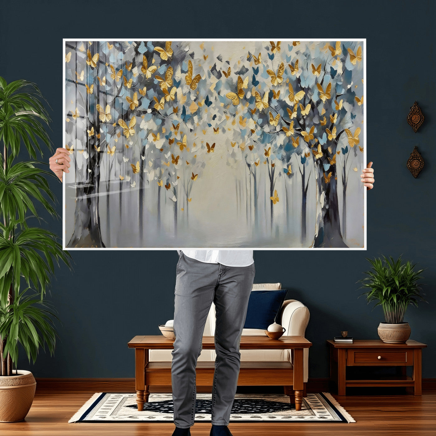 79208191-MGV-CV-36X24 - Golden Butterfly Tree Abstract Wall Art Canvas Print, Modern Elegant Nature Painting Canvas Print, Blue Gold Contemporary Floral Art Printing