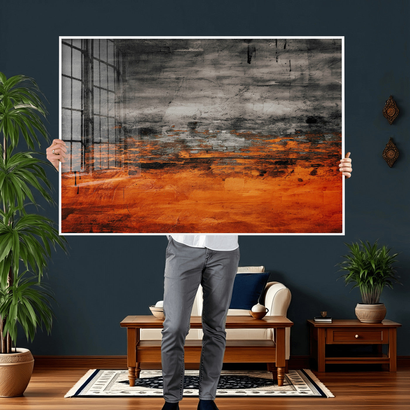 75409282-MGV-CV-36X24 - Black Orange Abstract Wall Art Canvas Print Modern Textured Painting Decor