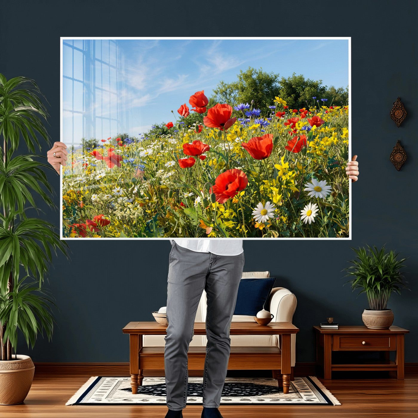 38570784-MGV-CV-36X24 - Wildflower Meadow Wall Art Canvas Print – Colorful Poppy and Daisy Field Landscape Artwork for Living Room Decor