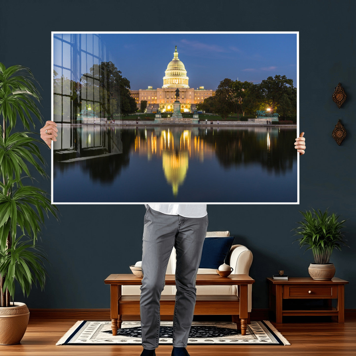 95568590-MGV-CV-36X24 - US Capitol Building Wall Art Canvas Print – Washington DC Landmark Night Reflection Artwork for Office Decor