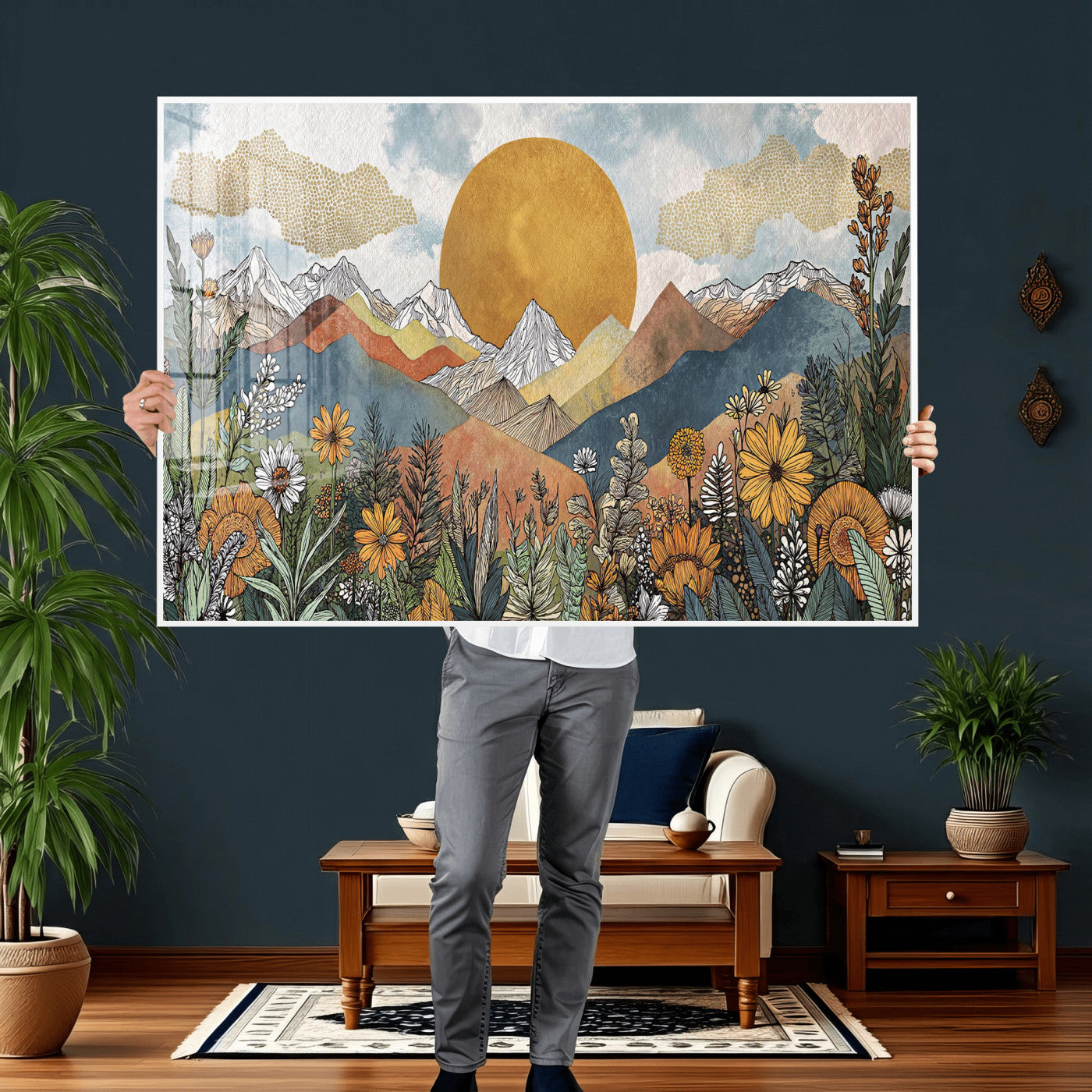 17540863-MGV-CV-36X24 - Boho Mountain Landscape Large Wall Art, Horizontal Gold Framed Canvas Print with Sun and Flowers