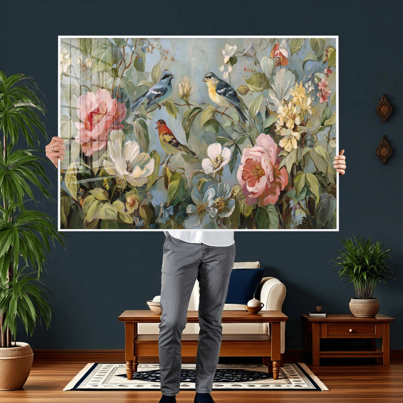 55440837-MGV-CV-36X24 - Vintage Birds and Flowers Wall Art Canvas Print, Botanical Bird Painting Canvas Print, Floral Garden Bird Artwork Canvas Print, Classic Bird Flower Painting Canvas Print
