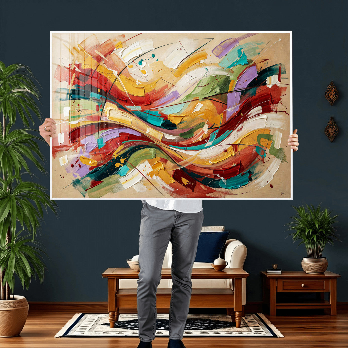39887645-MGV-CV-36X24 - Geometric Abstract Wall Art Canvas Print, Orange Blue Abstract Expressionist Painting Print, Modern Geometric Abstract Canvas Art