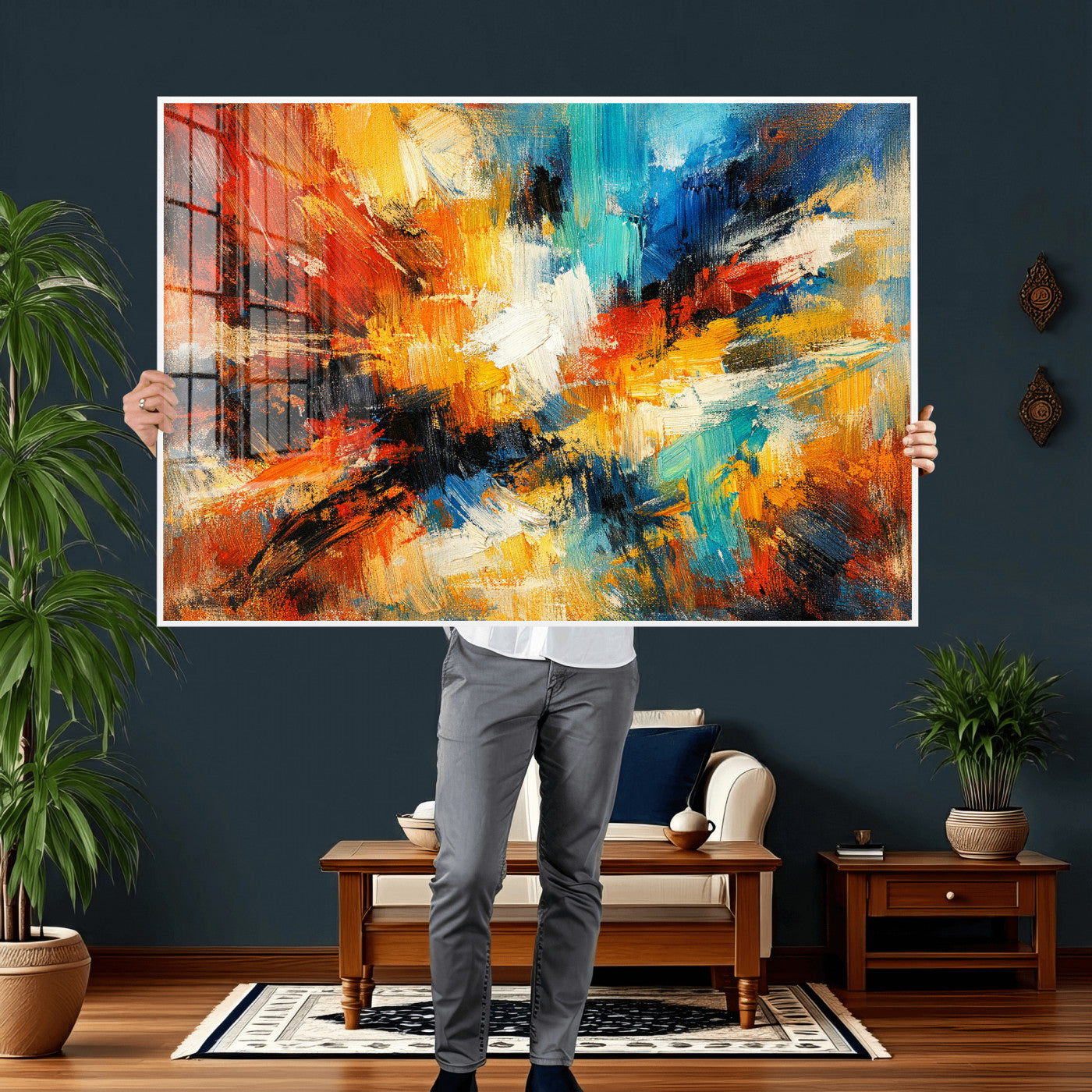 93167583-MGV-CV-36X24 - Geometric Abstract Wall Art Canvas Print, Orange Blue Abstract Expressionist Painting Print, Modern Geometric Abstract Canvas Art