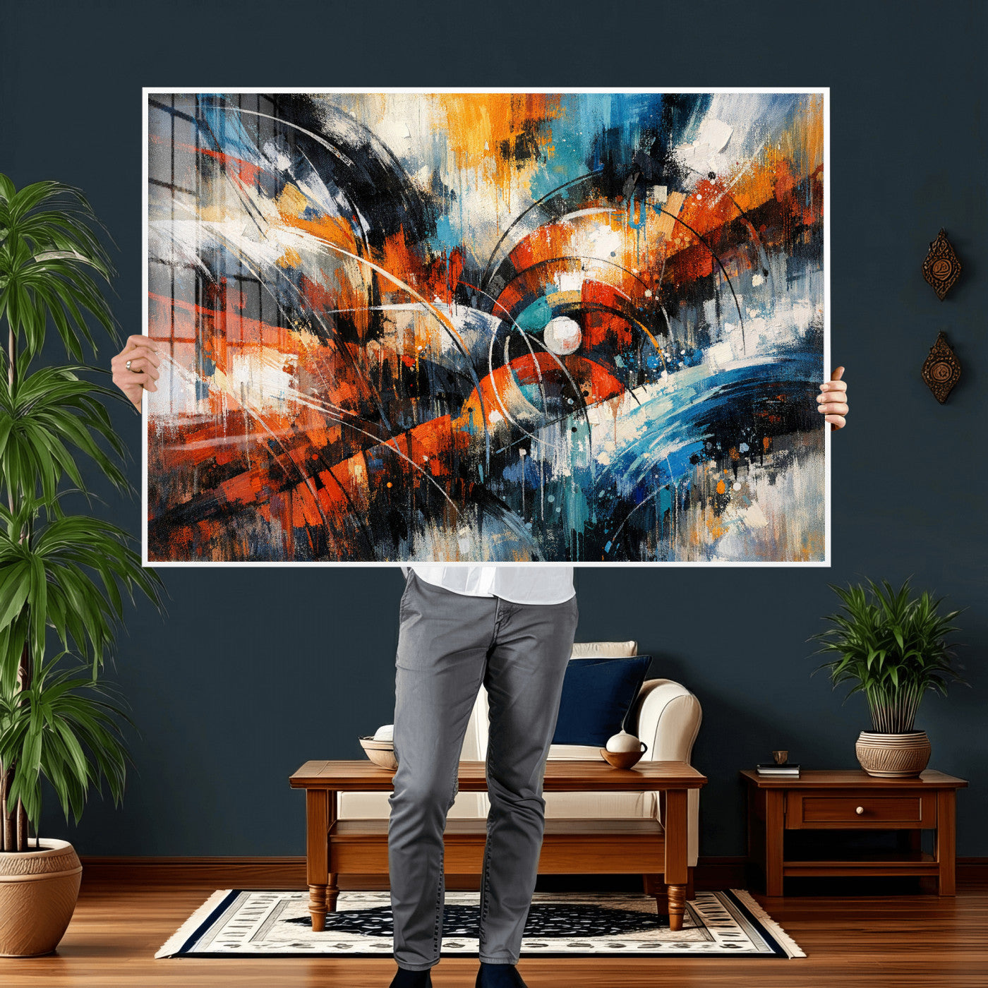 47120691-MGV-CV-36X24 - Geometric Abstract Wall Art Canvas Print, Orange Blue Abstract Expressionist Painting Print, Modern Geometric Abstract Canvas Art