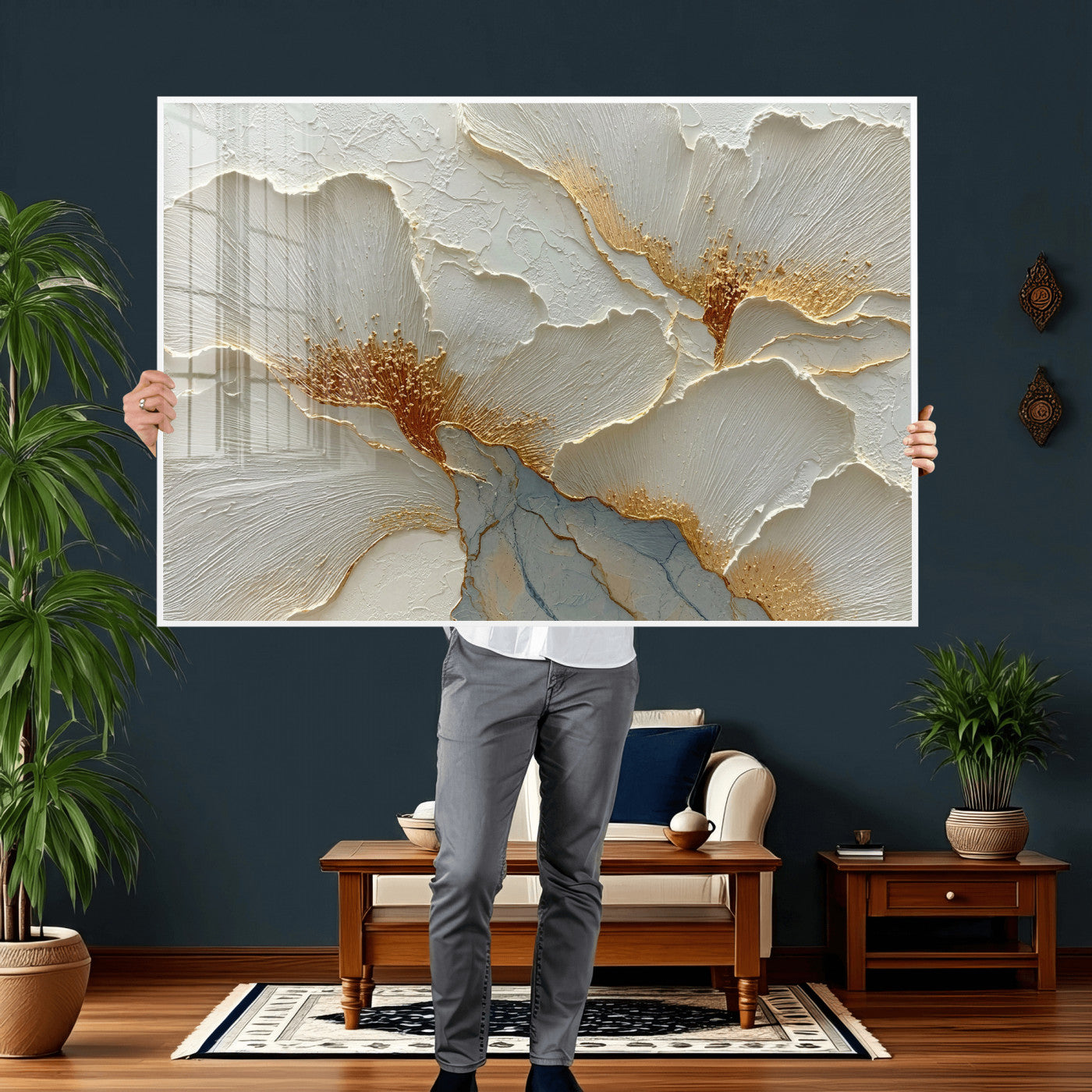 4712069F1-MGV-CV-36X24 - White Gold Floral Canvas Wall Art — Textured Flower Print | Luxury Botanical Decor | Elegant Bedroom Art | Gold Leaf Wall Art Gift