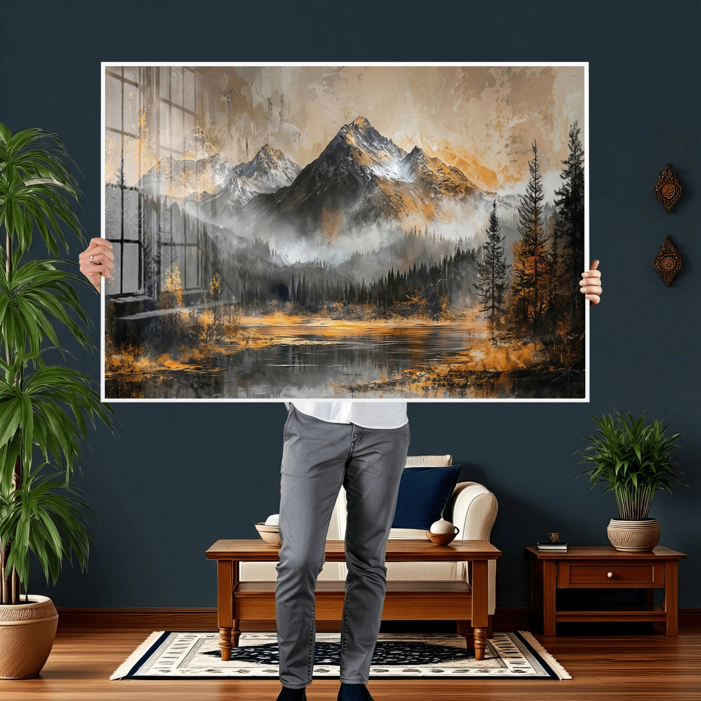 4712069D1-MGV-CV-36X24 - Mountain Lake Canvas Wall Art — Rustic Forest Landscape Print | Gold Grey Nature Decor | Cabin Wall Art | Large Wilderness Art Print Gift