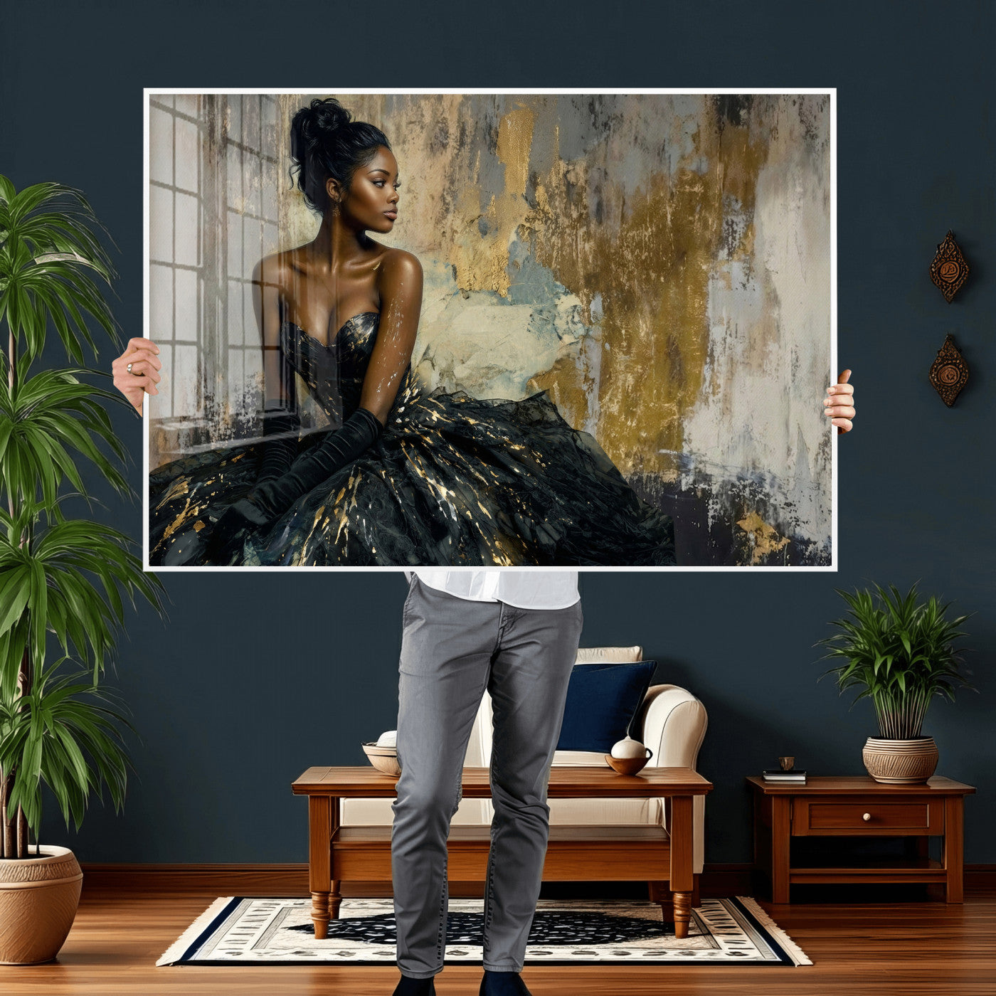 4712069Z1-MGV-CV-36X24 - Elegant Woman Canvas Wall Art — Black Gold Gown Fashion Print | Luxury Glam Wall Decor | African American Art | Bold Bedroom Wall Art Gift