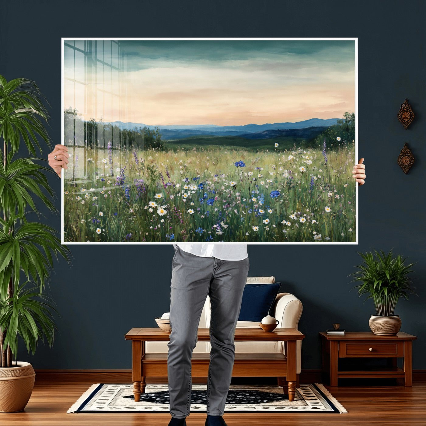 35773805-MGV-CV-36X24 - Wildflower Meadow Oil Painting Canvas — Daisy Lavender Mountain Sunset Print | Cottagecore Floral Wall Art | Bedroom Decor Gift for Her