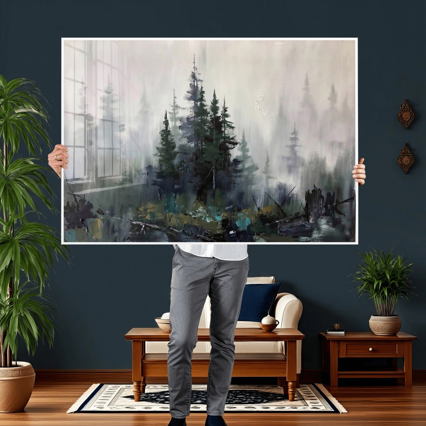 94143325-MGV-CV-36X24 - Misty Pine Forest Oil Painting Canvas — Dark Moody Teal Grey Tree Print | Japandi Scandinavian Wall Art | Minimalist Nature Decor Gift